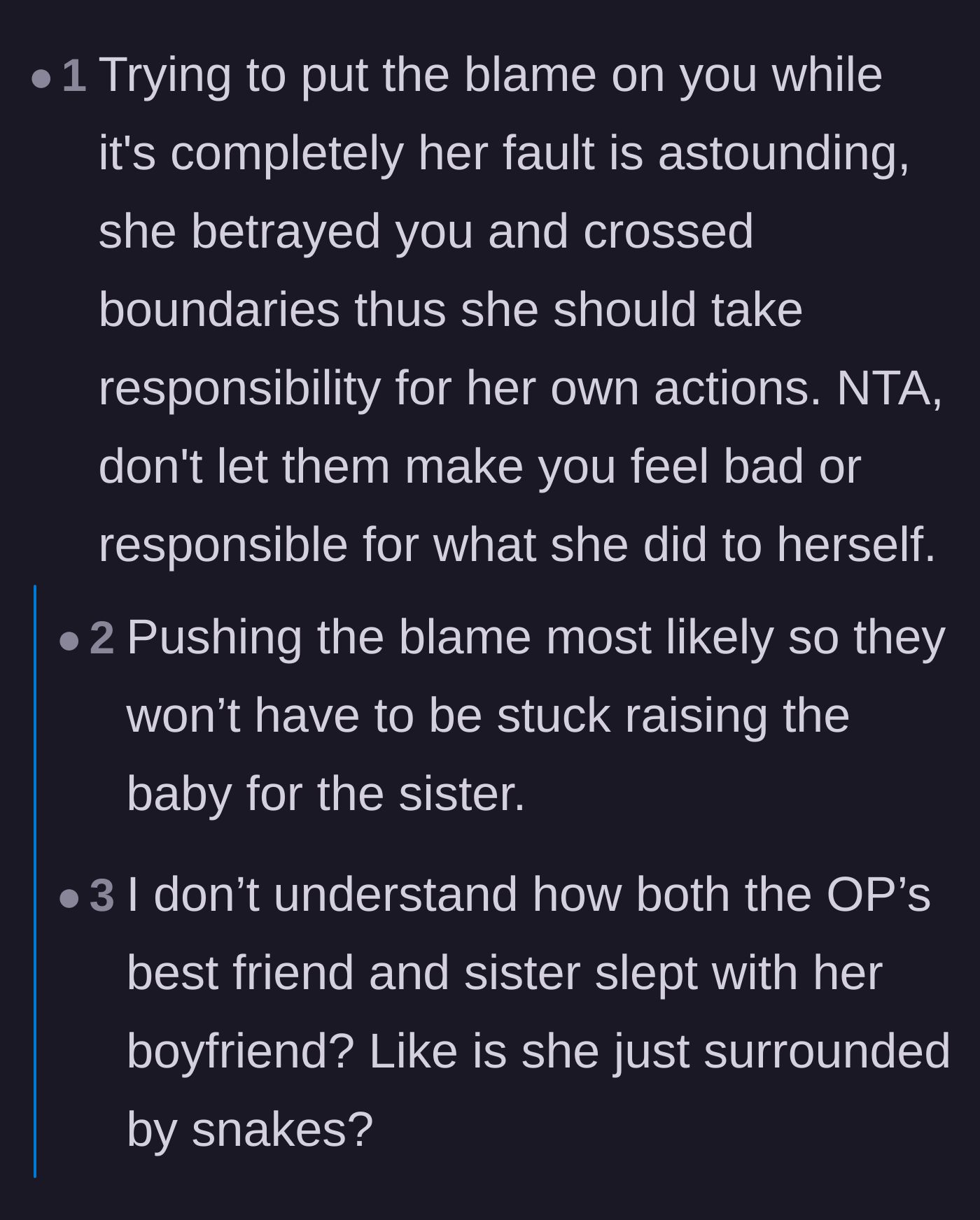 Comment thread 1 - Readers dissecting the parents' hidden motives for pushing the pregnant sister onto the main character.