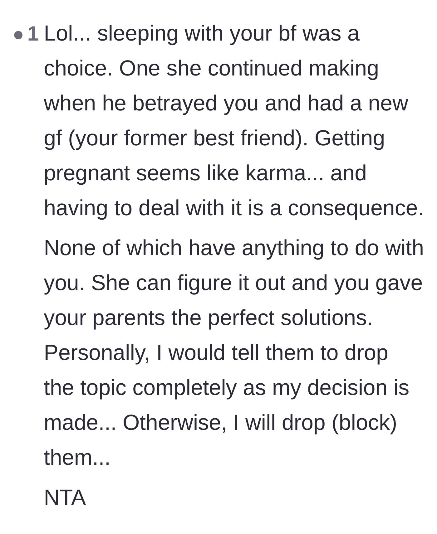Comment thread 3 - A discussion on karma and how the sister's pregnancy is a natural consequence of her own devastating choices.