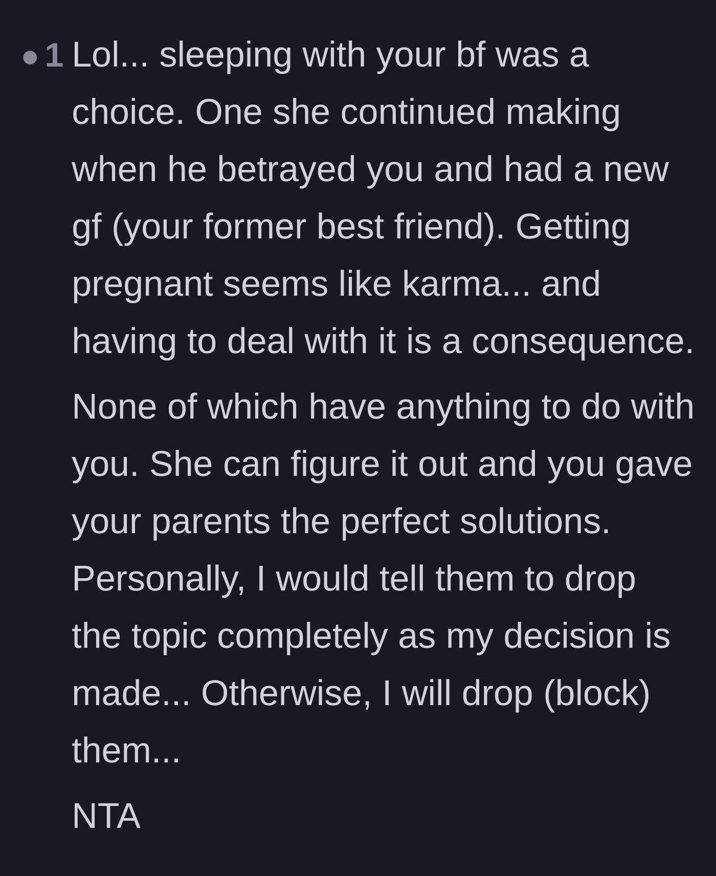 Comment thread 3 - A discussion on karma and how the sister's pregnancy is a natural consequence of her own devastating choices.