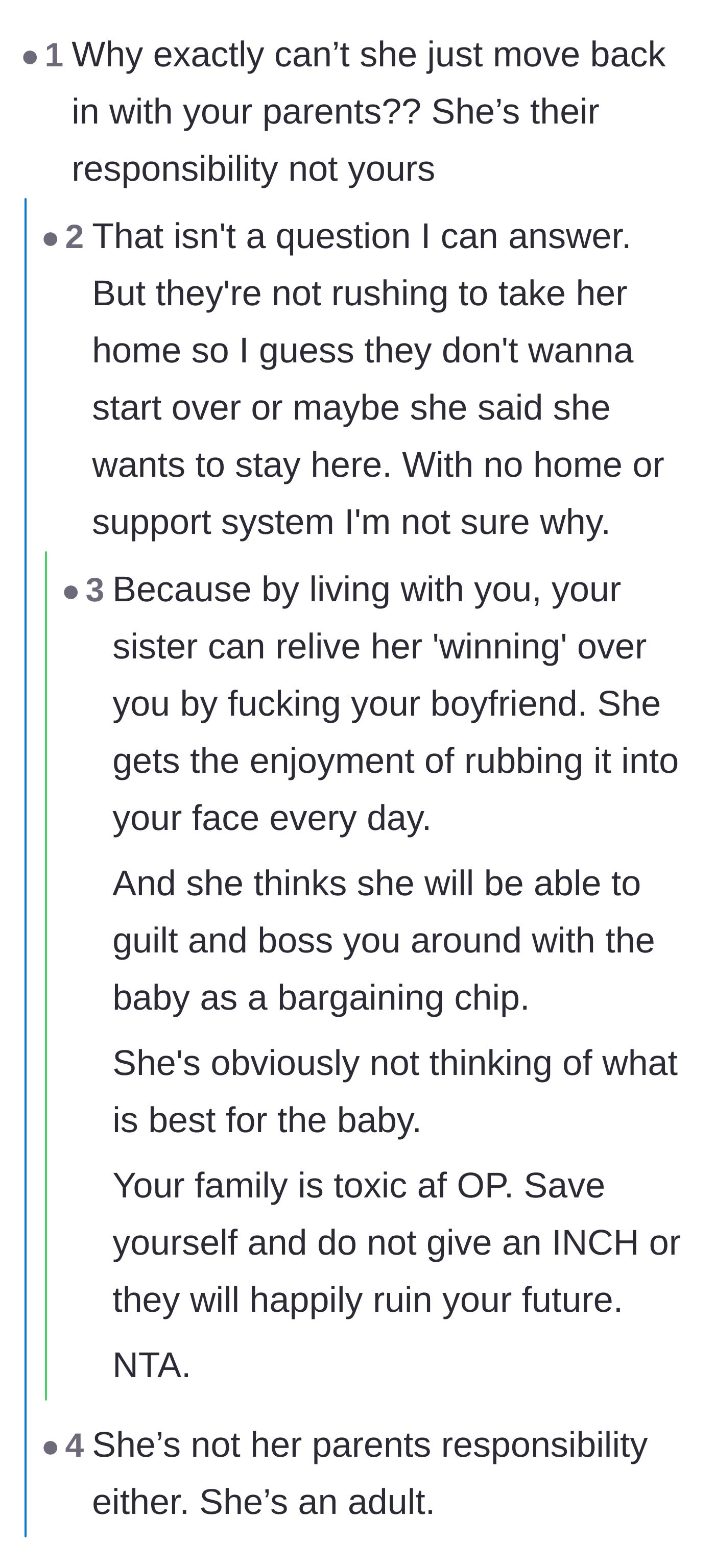 Comment thread 4 - Debating the twisted psychological reasons why the sister and parents are refusing to live together.