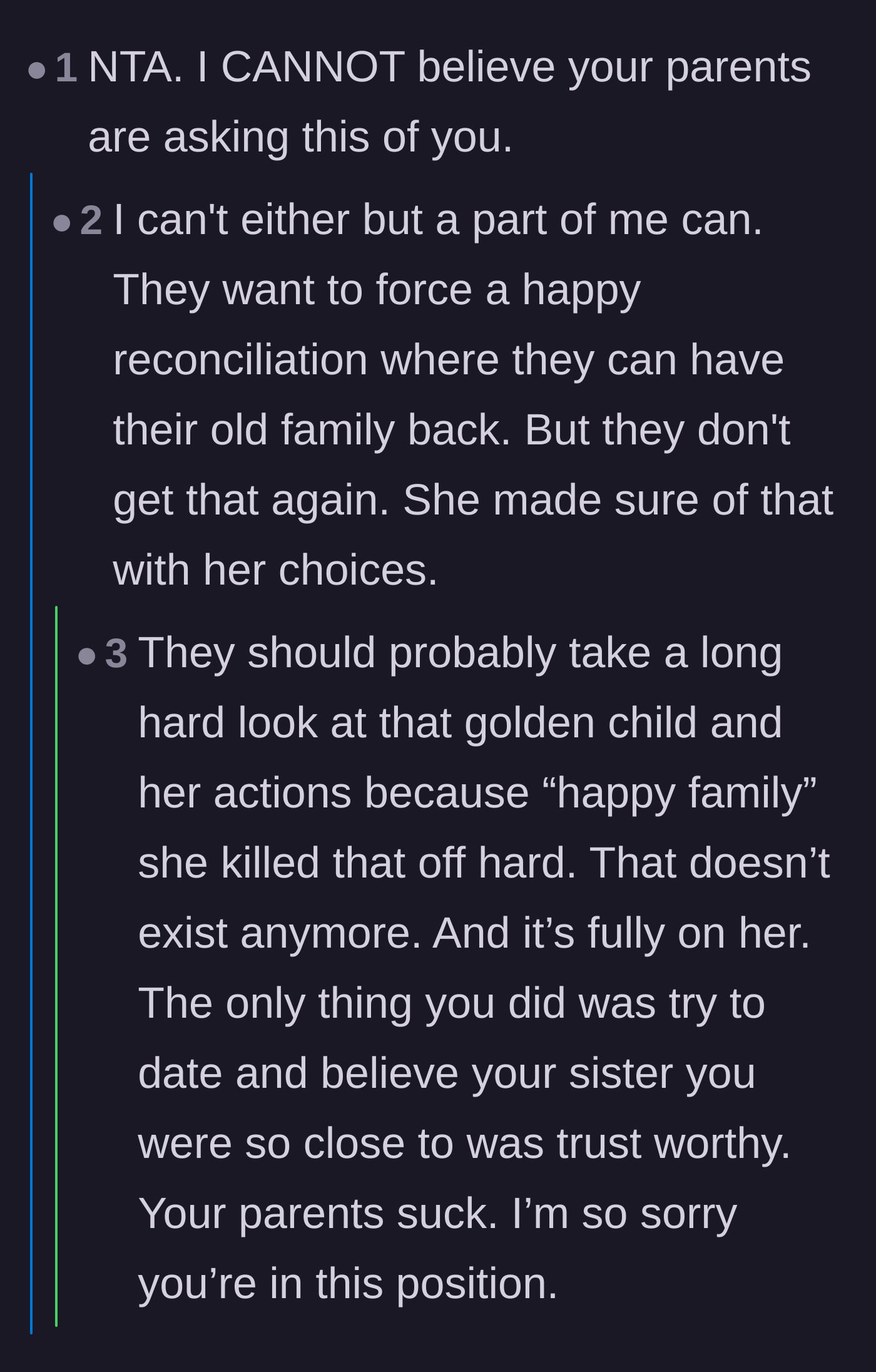Comment thread 5 - Readers breaking down the parents' desperate, hurtful illusion of maintaining a happy family.