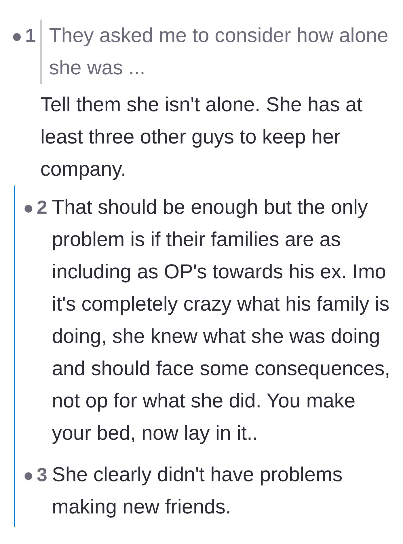Comment thread 3 - Commenters shutting down the family's excuse that the ex-girlfriend is alone, noting her multiple affair partners