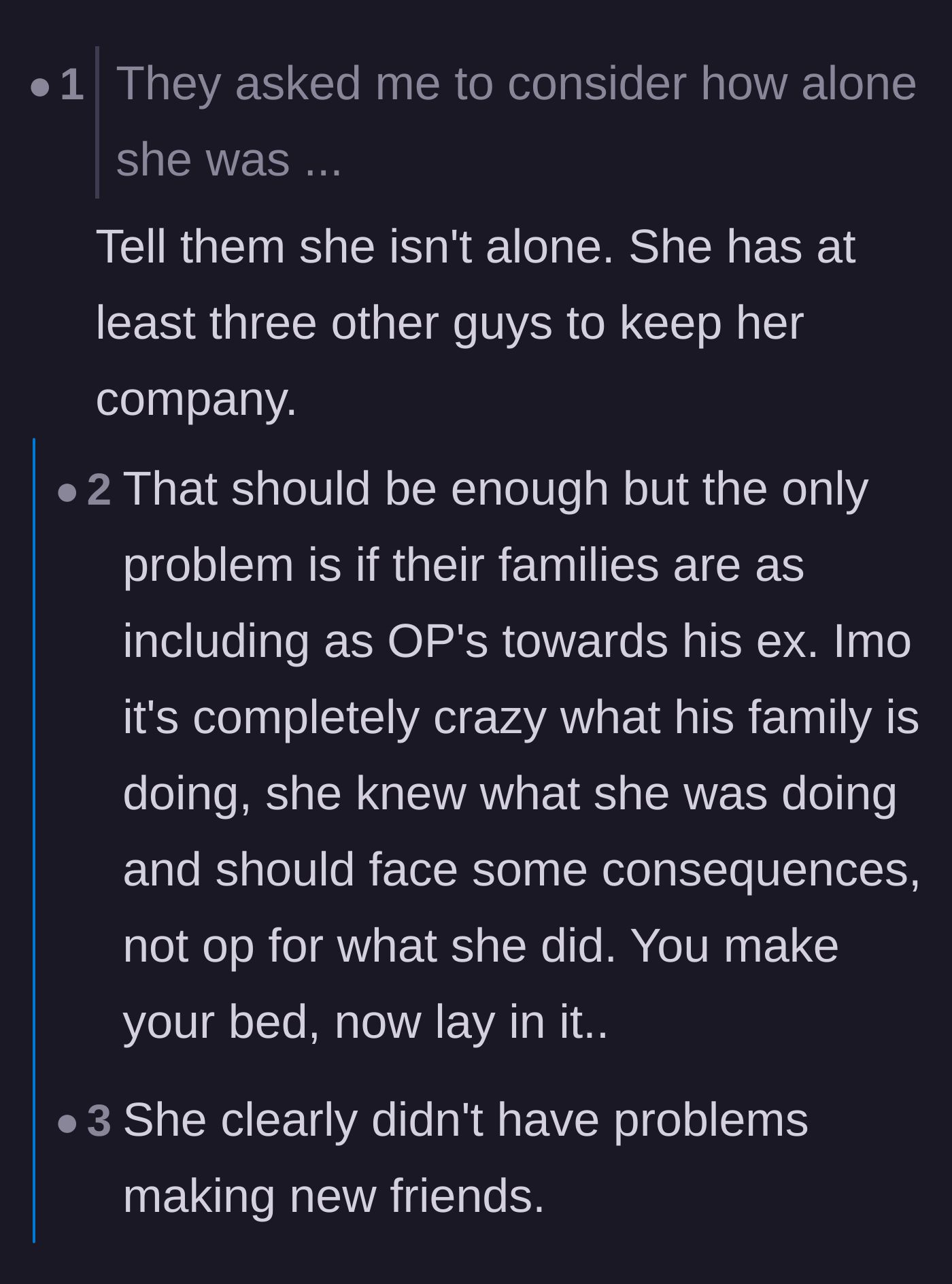 Comment thread 3 - Commenters shutting down the family's excuse that the ex-girlfriend is alone, noting her multiple affair partners