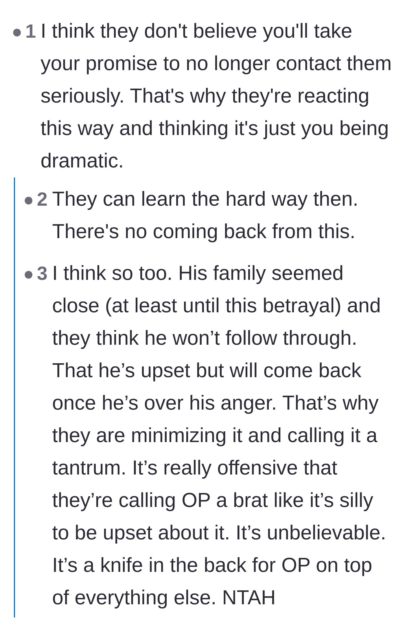 Comment thread 5 - Readers analyzing why the family is calling the author's boundaries a temporary tantrum