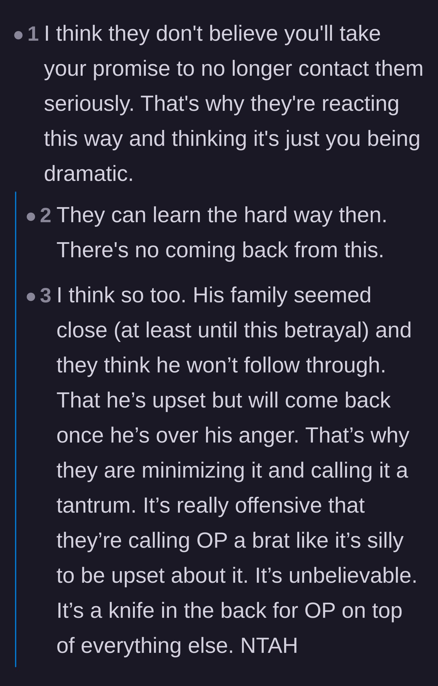 Comment thread 5 - Readers analyzing why the family is calling the author's boundaries a temporary tantrum