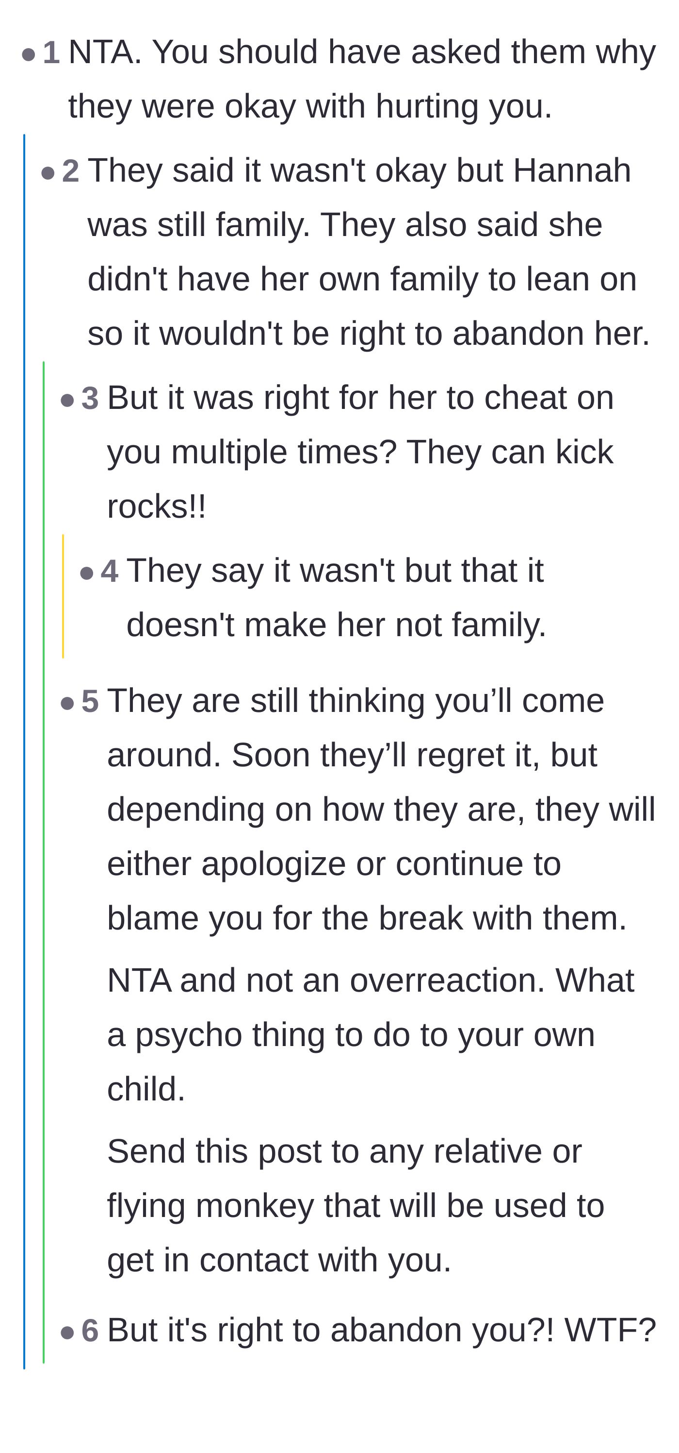 Comment thread 6 - A debate over the family's logic that they must protect the ex because she has no family of her own