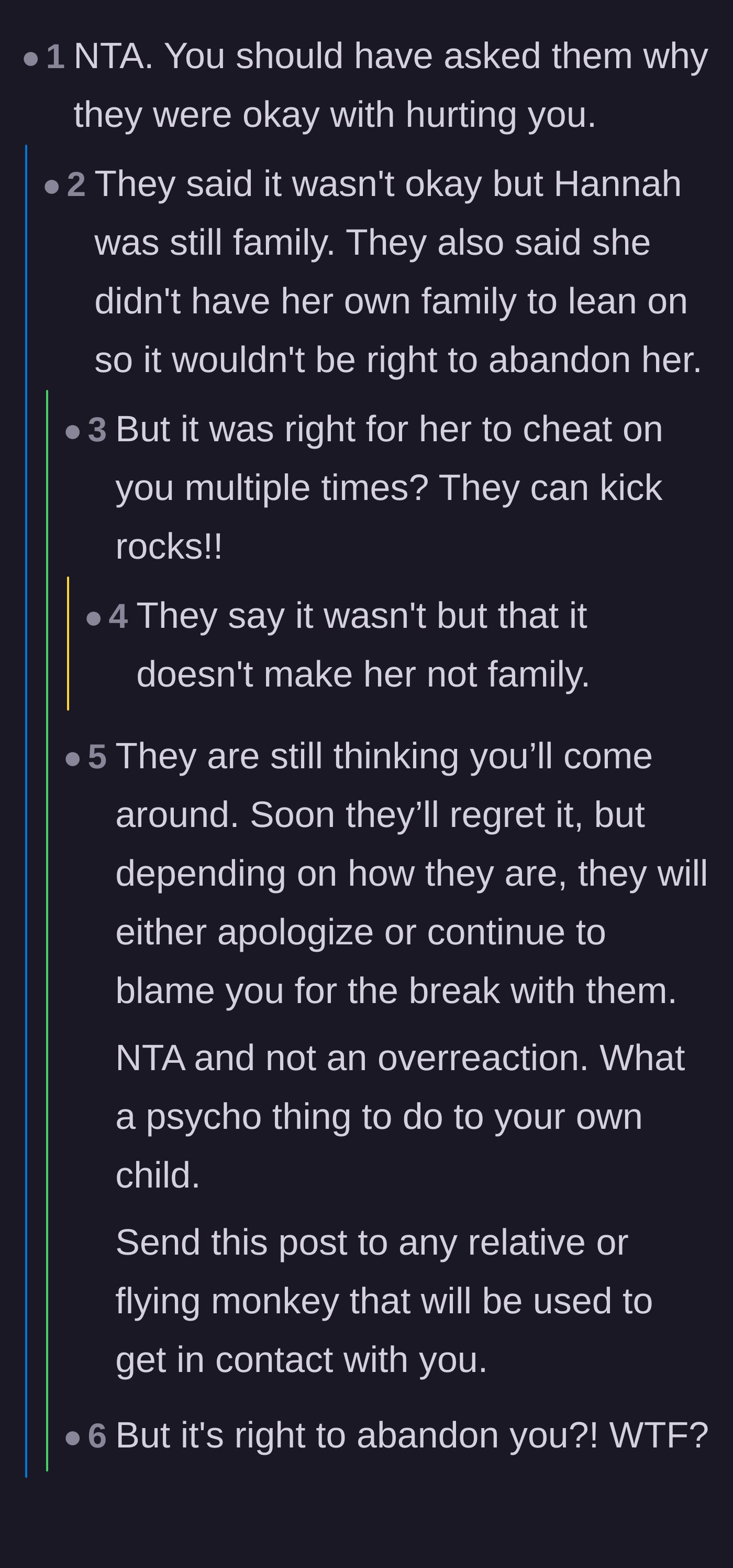 Comment thread 6 - A debate over the family's logic that they must protect the ex because she has no family of her own