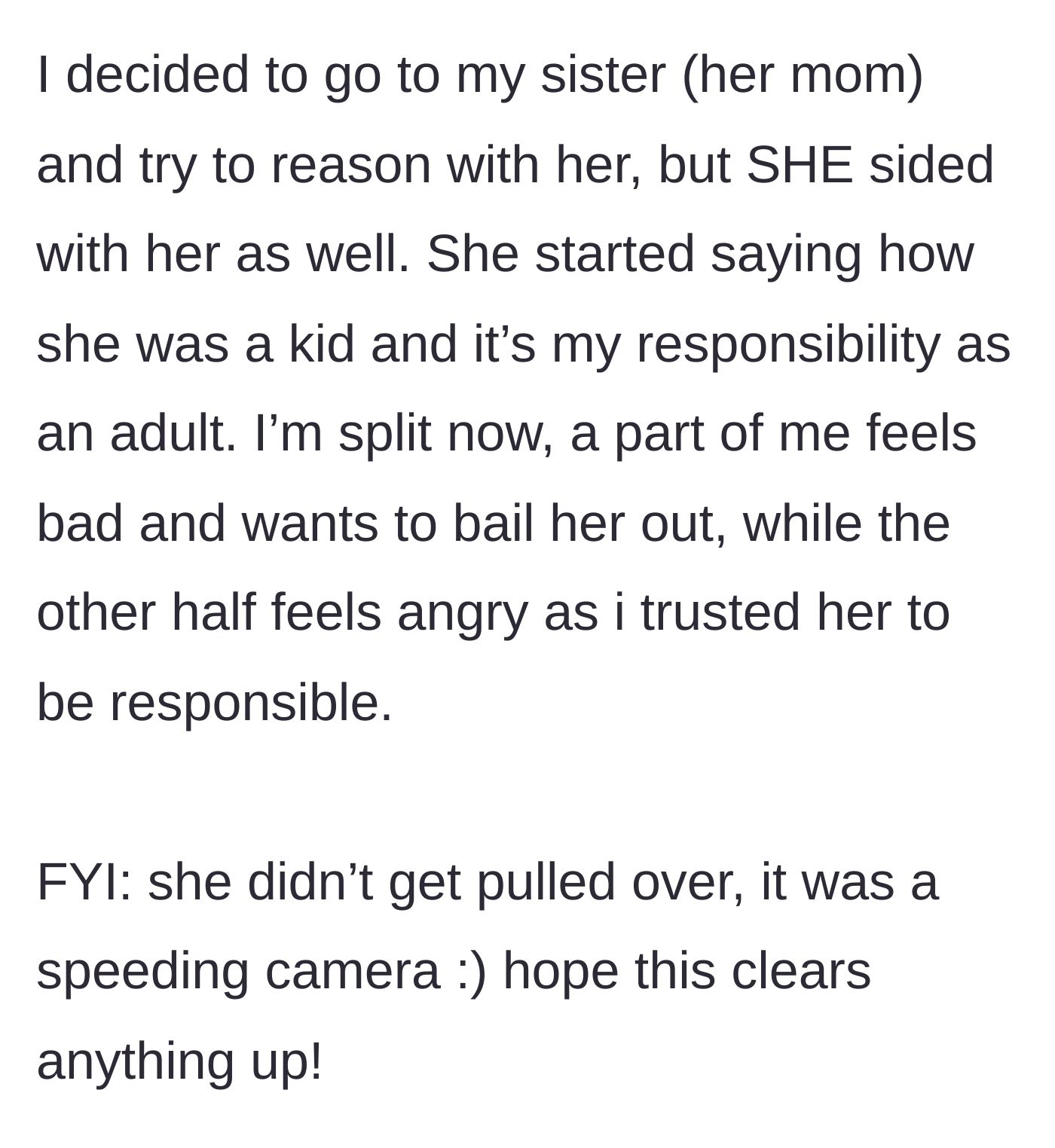 Story part 3 - The uncle seeks backup from his sister, but she sides with her teenage daughter, weaponizing his adulthood against him and leaving him torn on whether to pay it himself.
