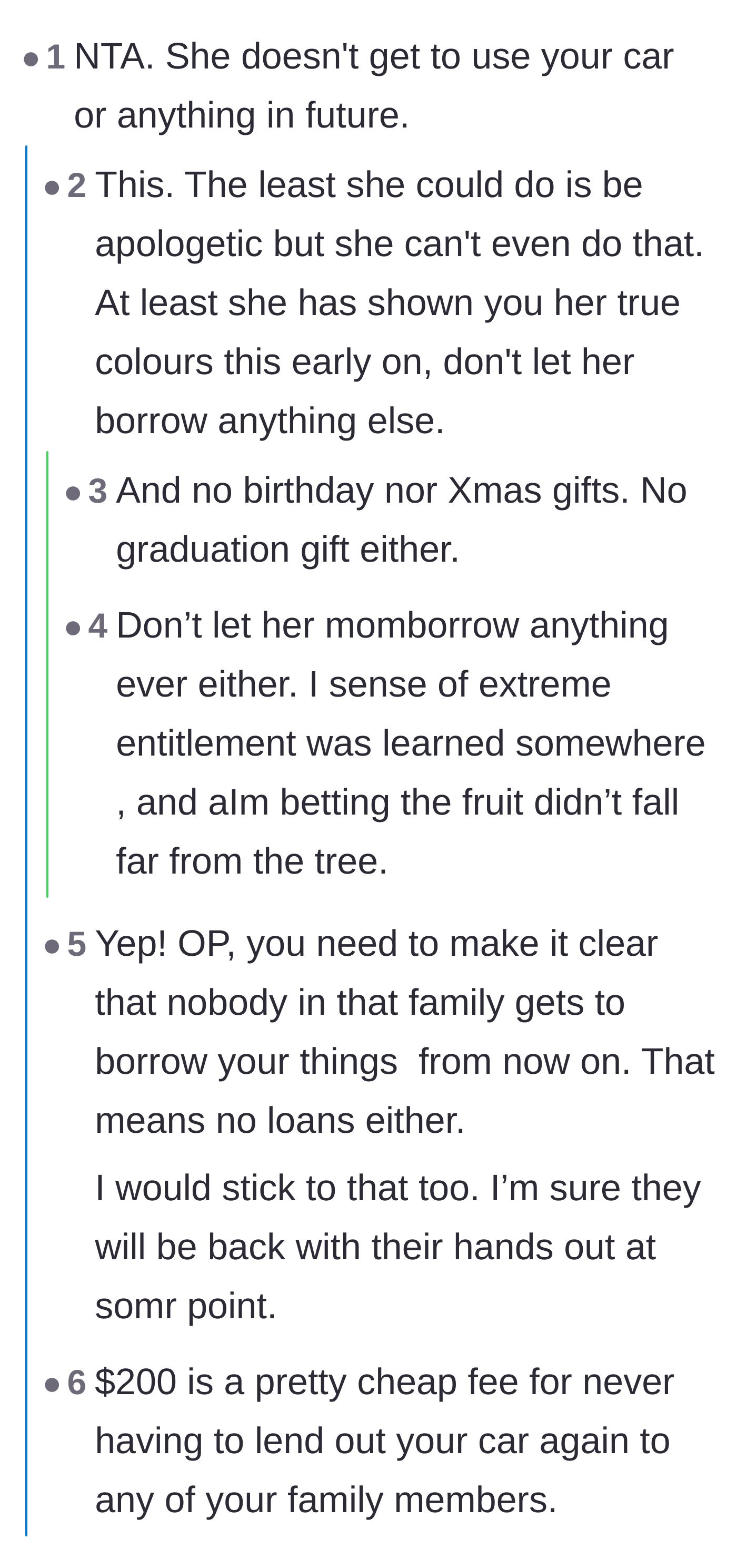 Comment thread discussing revoking future borrowing privileges and deducting the $200 from the niece's future birthday and holiday gifts