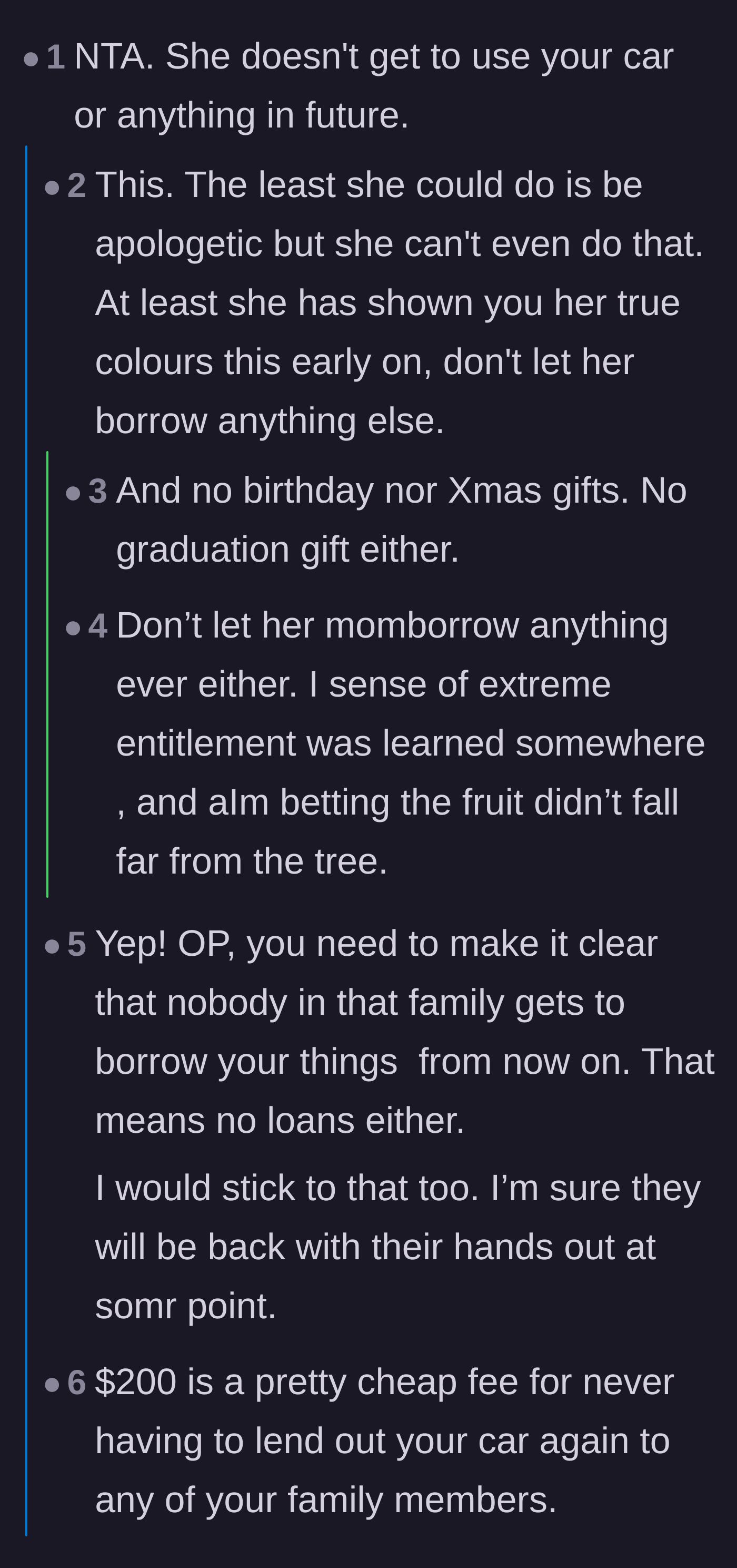 Comment thread discussing revoking future borrowing privileges and deducting the $200 from the niece's future birthday and holiday gifts