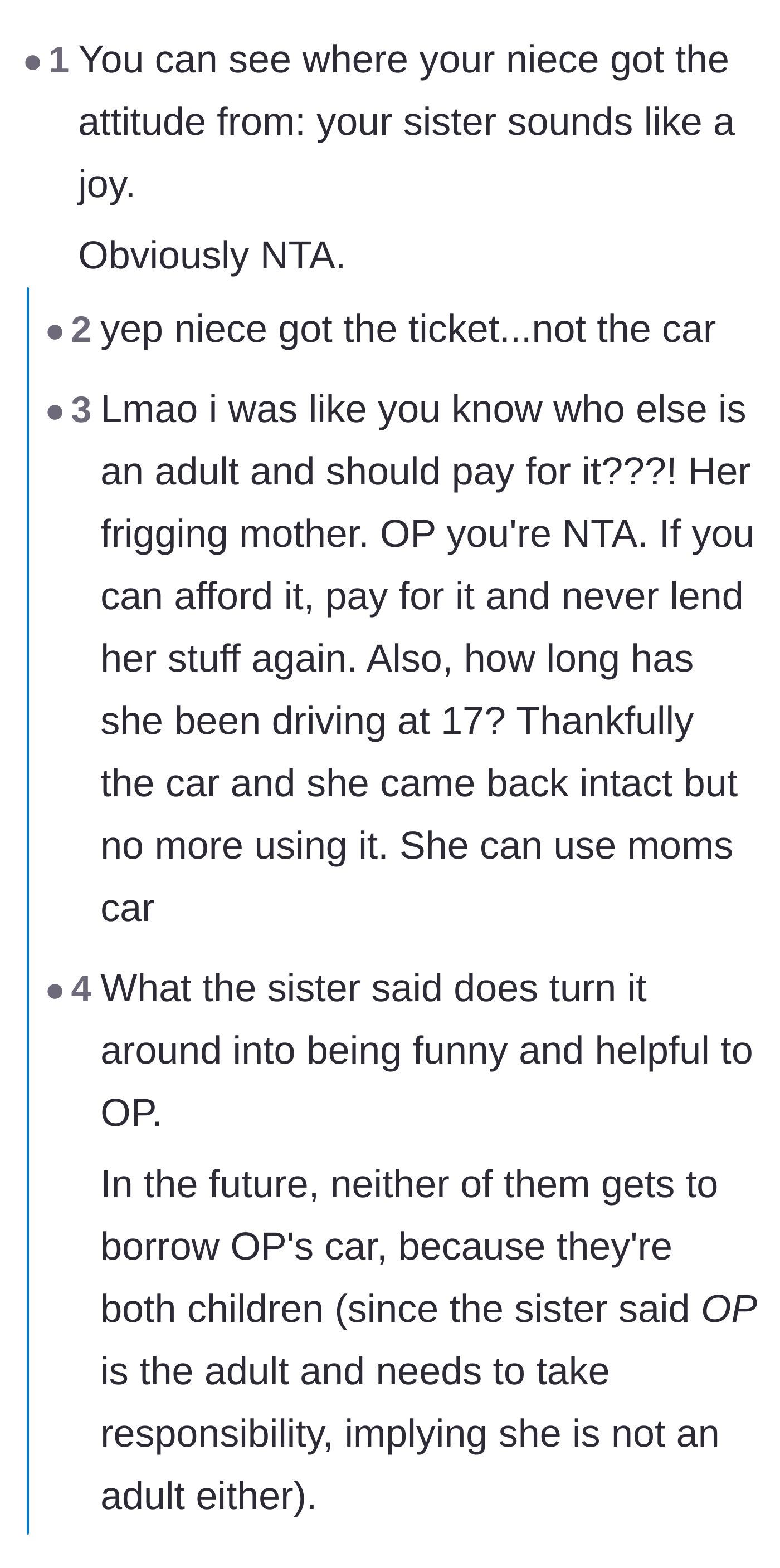 Comment thread analyzing the sister's enabling behavior and mocking her logic that the car owner is somehow responsible for a driver's lead foot