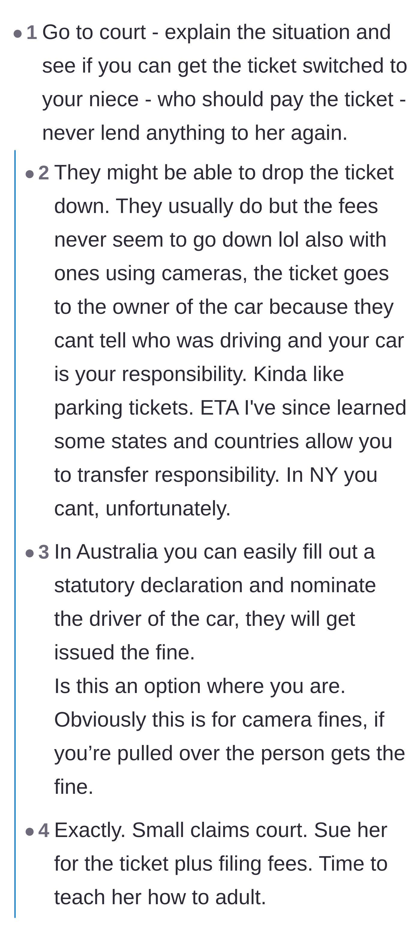 Comment thread debating traffic laws and advising the uncle to contest the ticket in court to legally transfer the fine to his niece