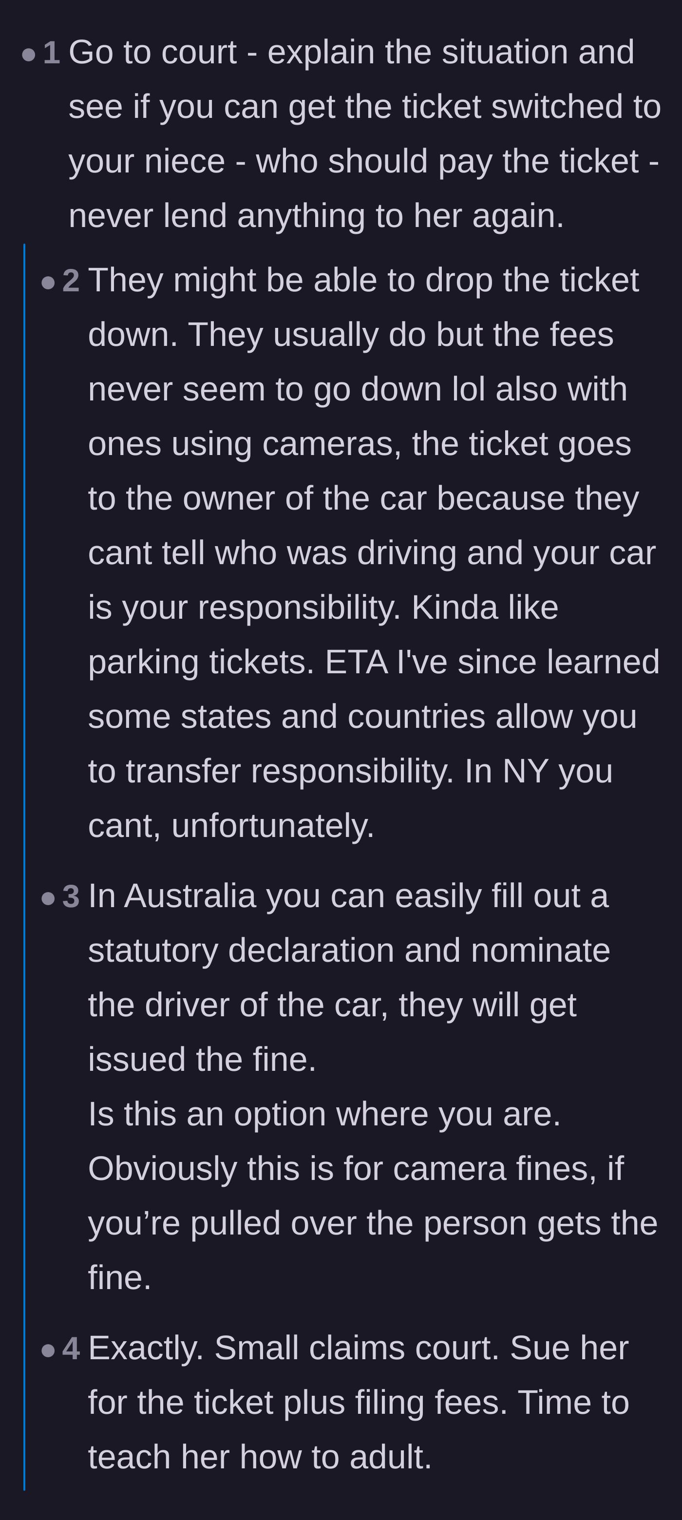 Comment thread debating traffic laws and advising the uncle to contest the ticket in court to legally transfer the fine to his niece