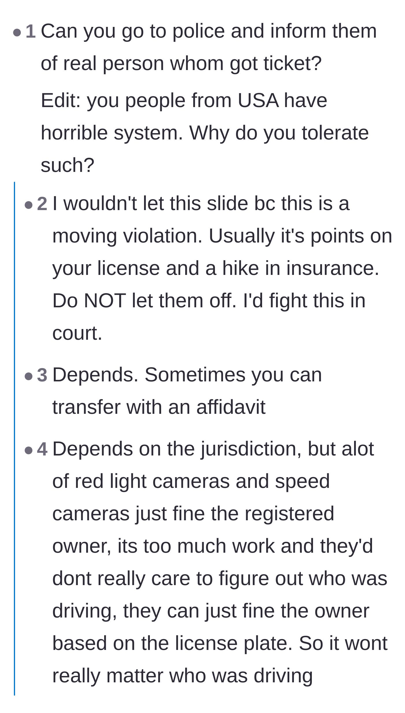 Comment thread discussing the potential insurance hikes, license points, and the dangers of shielding a new driver from moving violations