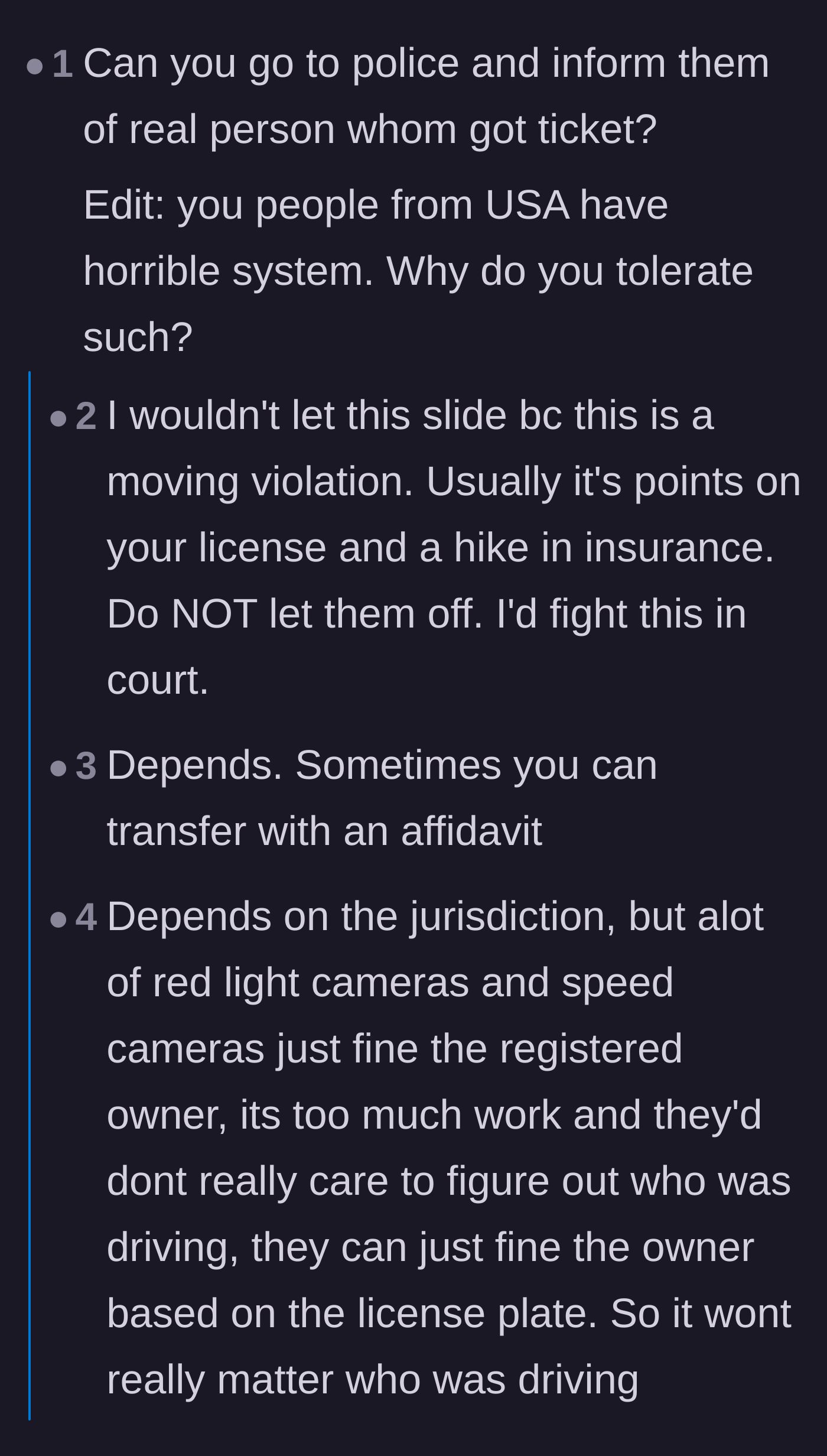 Comment thread discussing the potential insurance hikes, license points, and the dangers of shielding a new driver from moving violations