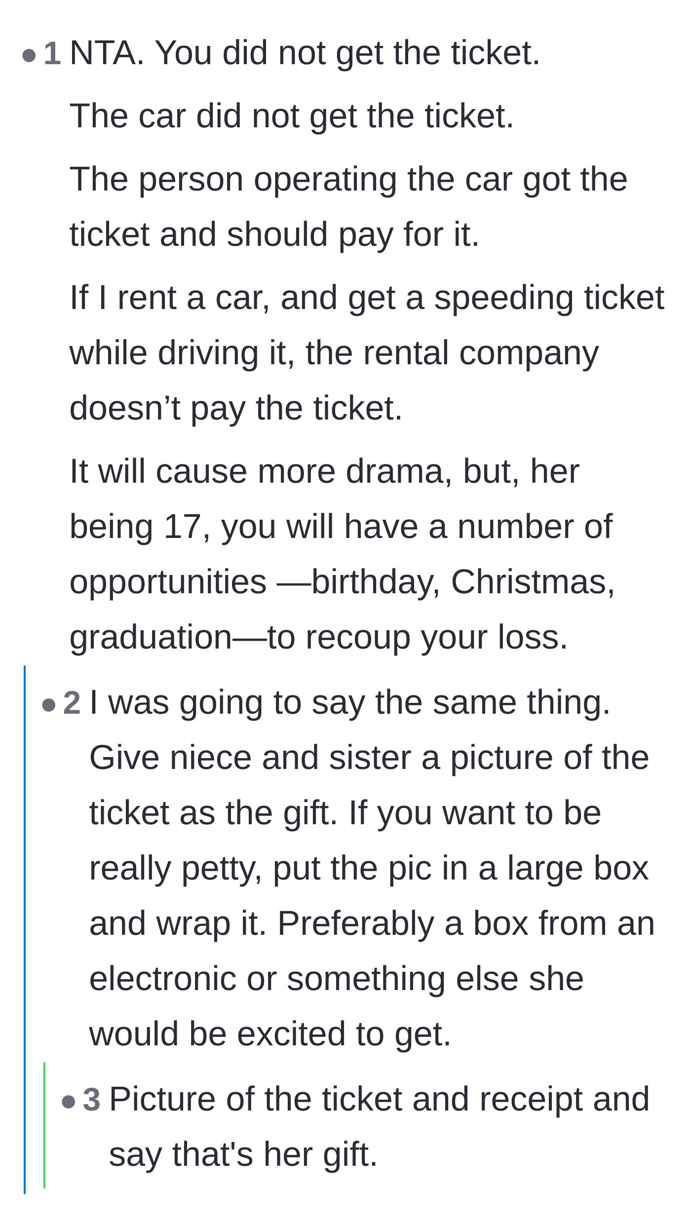 Comment thread comparing the situation to a rental car company and suggesting the uncle wrap the ticket receipt in a large box as a future gift