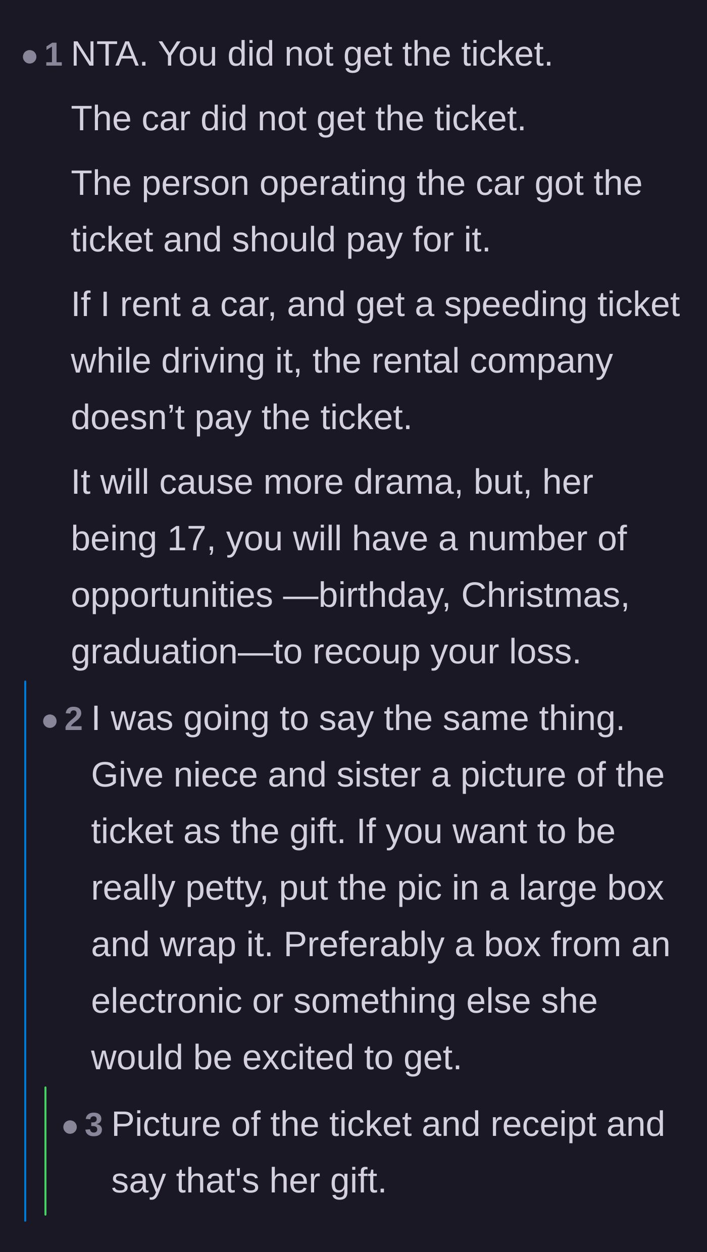 Comment thread comparing the situation to a rental car company and suggesting the uncle wrap the ticket receipt in a large box as a future gift