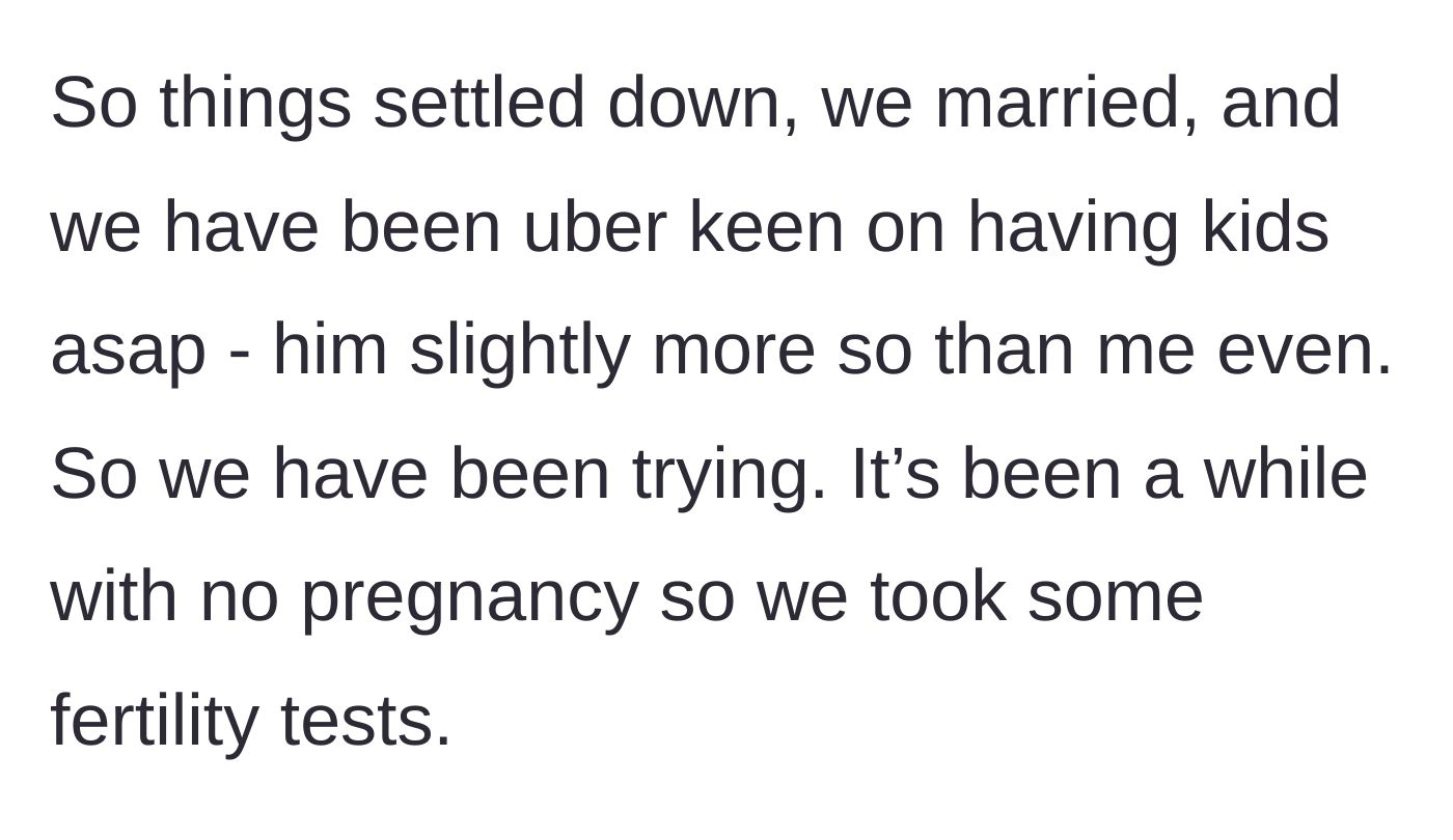 Story part 3 - The couple gets married and begins trying for a baby, eventually taking fertility tests.