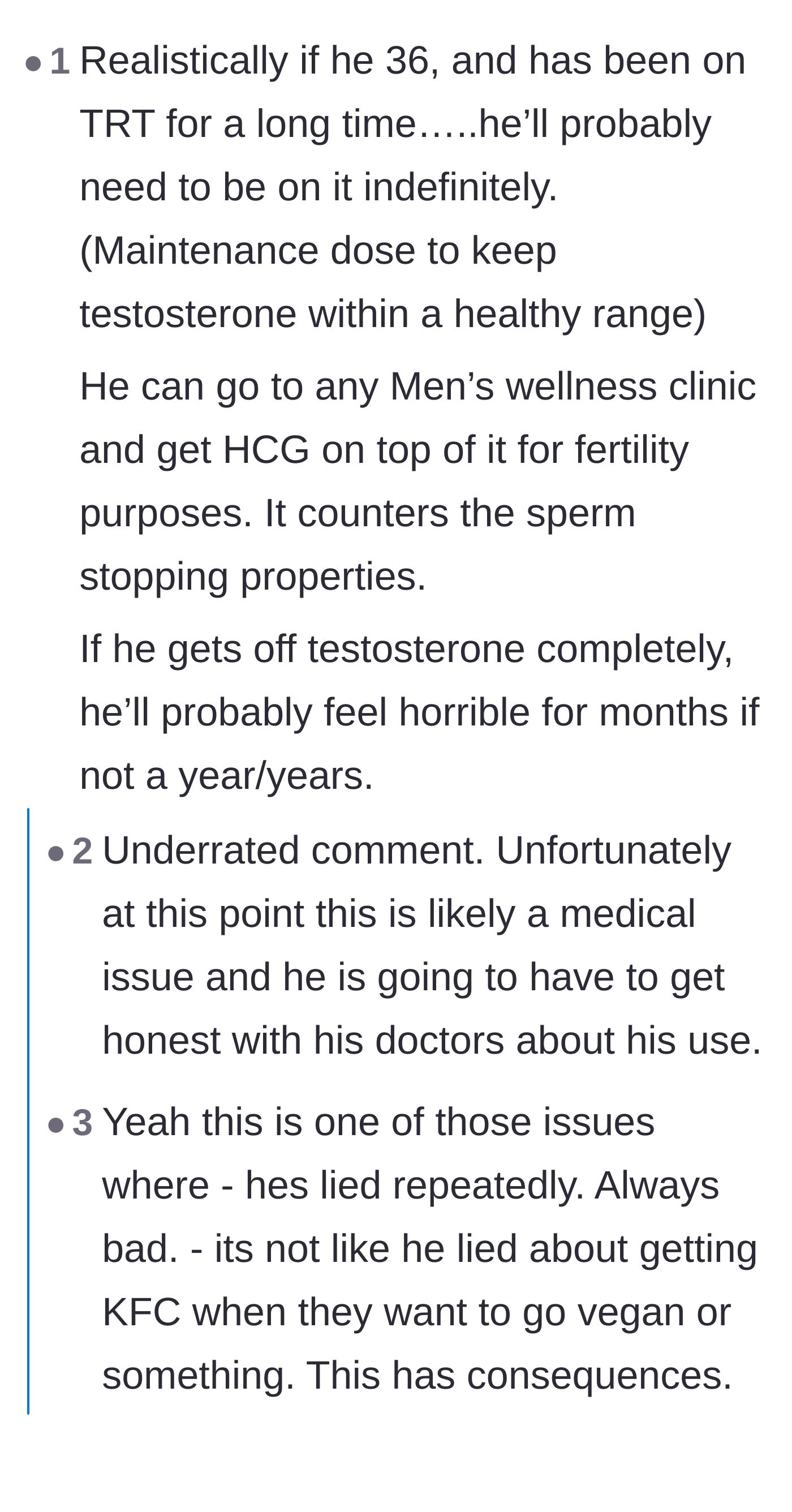Comment thread discussing the medical realities of long-term steroid use and urging the wife to leave a chronic liar.