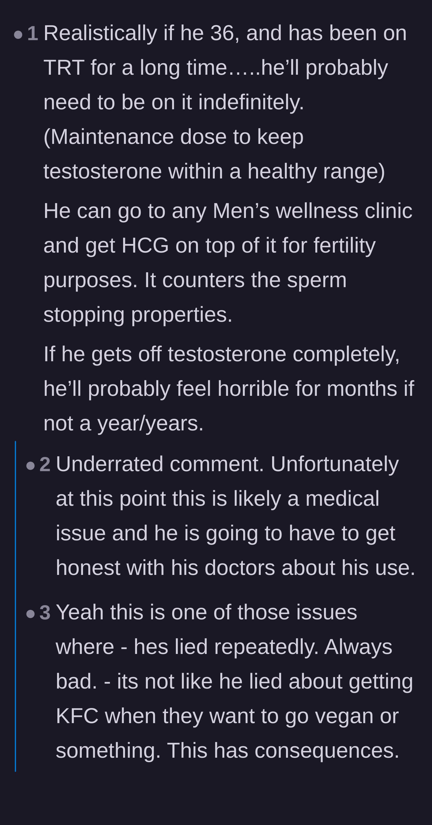 Comment thread discussing the medical realities of long-term steroid use and urging the wife to leave a chronic liar.