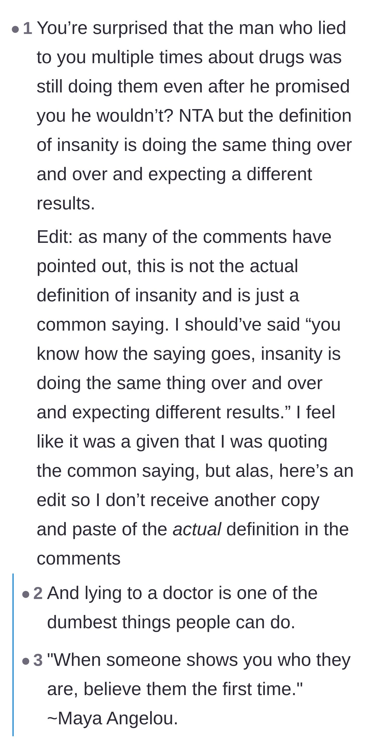 Comment thread highlighting the absurdity of trusting a proven liar and the dangers of deceiving medical professionals.