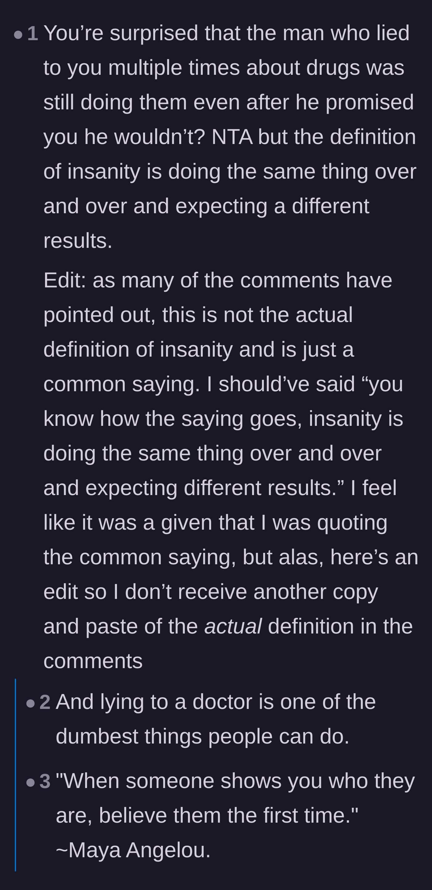Comment thread highlighting the absurdity of trusting a proven liar and the dangers of deceiving medical professionals.