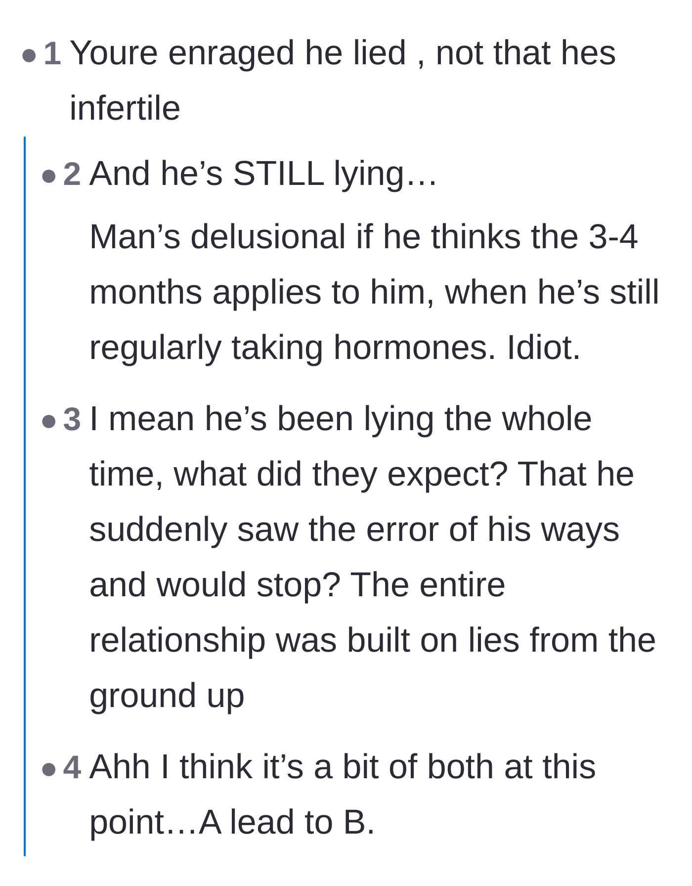 Comment thread clarifying that the wife's anger stems from the betrayal and lies, not the medical reality of infertility itself.