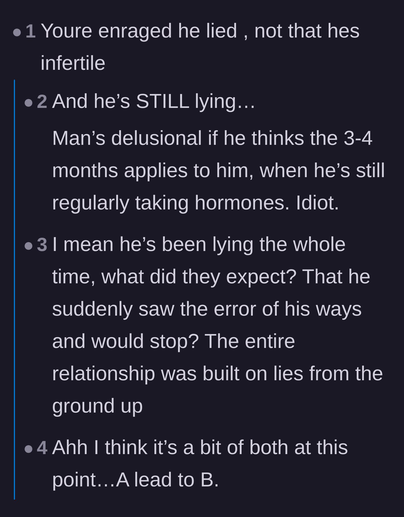 Comment thread clarifying that the wife's anger stems from the betrayal and lies, not the medical reality of infertility itself.