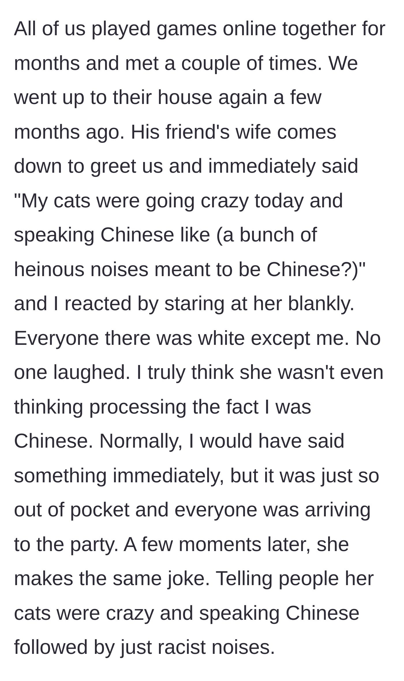 Story part 2 - A woman standing awkwardly at a party while another woman makes a racist joke.