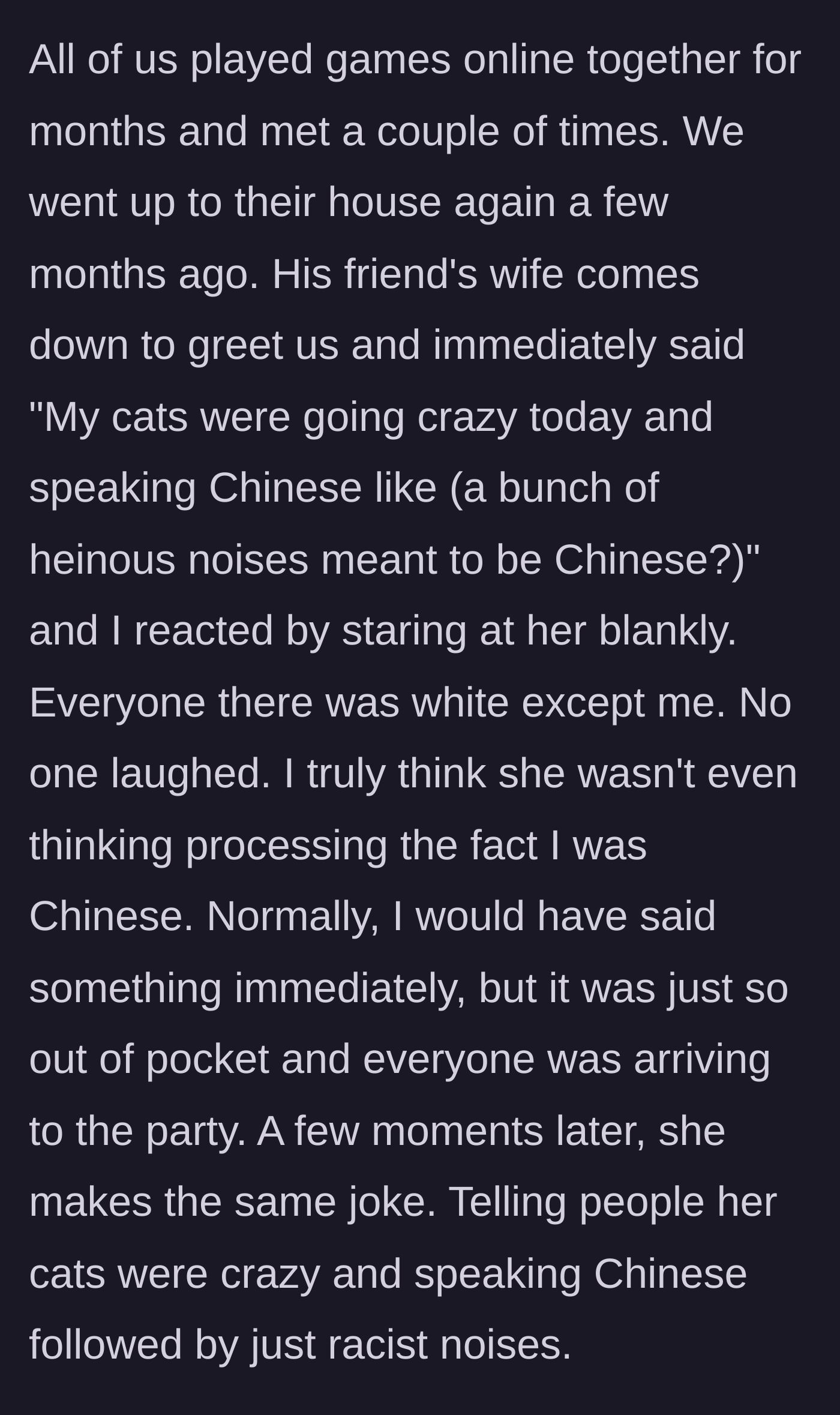 Story part 2 - A woman standing awkwardly at a party while another woman makes a racist joke.