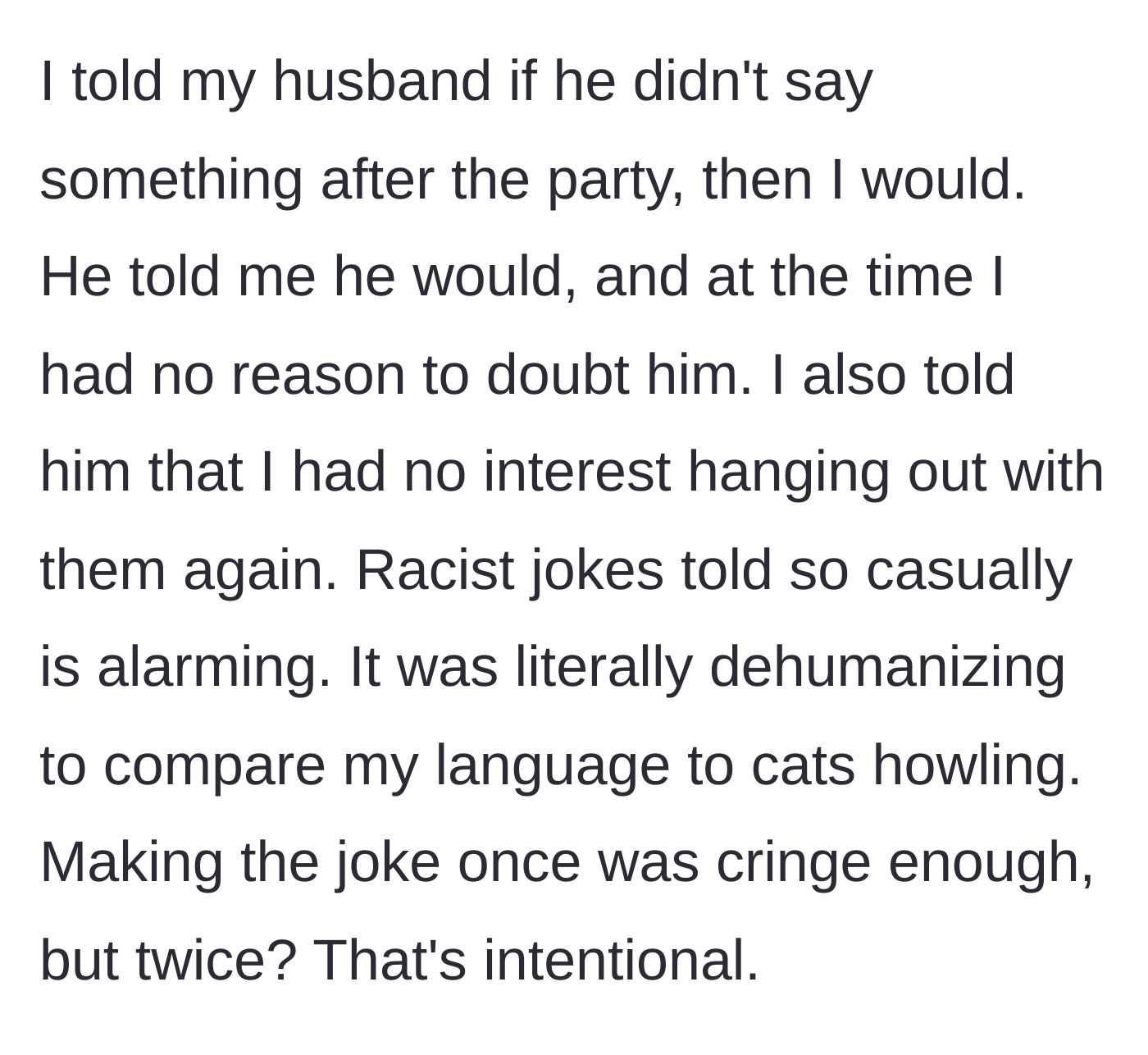Story part 3 - A husband and wife having a serious, hushed conversation after a party.