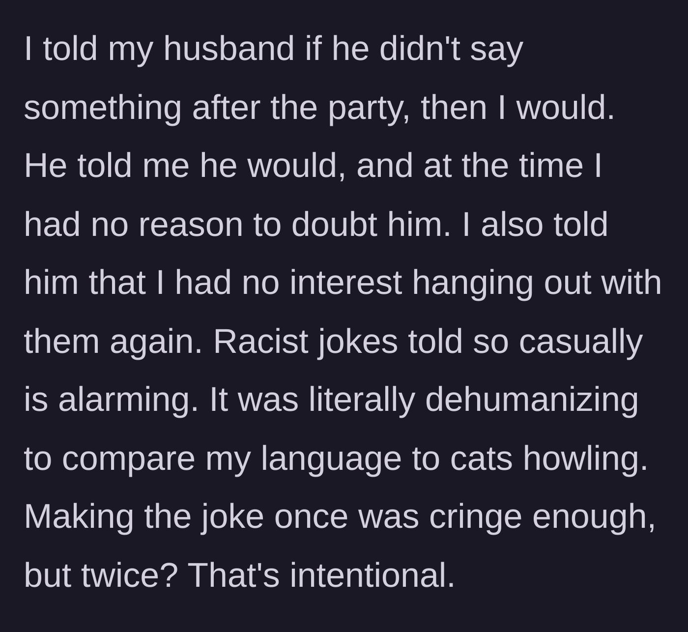 Story part 3 - A husband and wife having a serious, hushed conversation after a party.