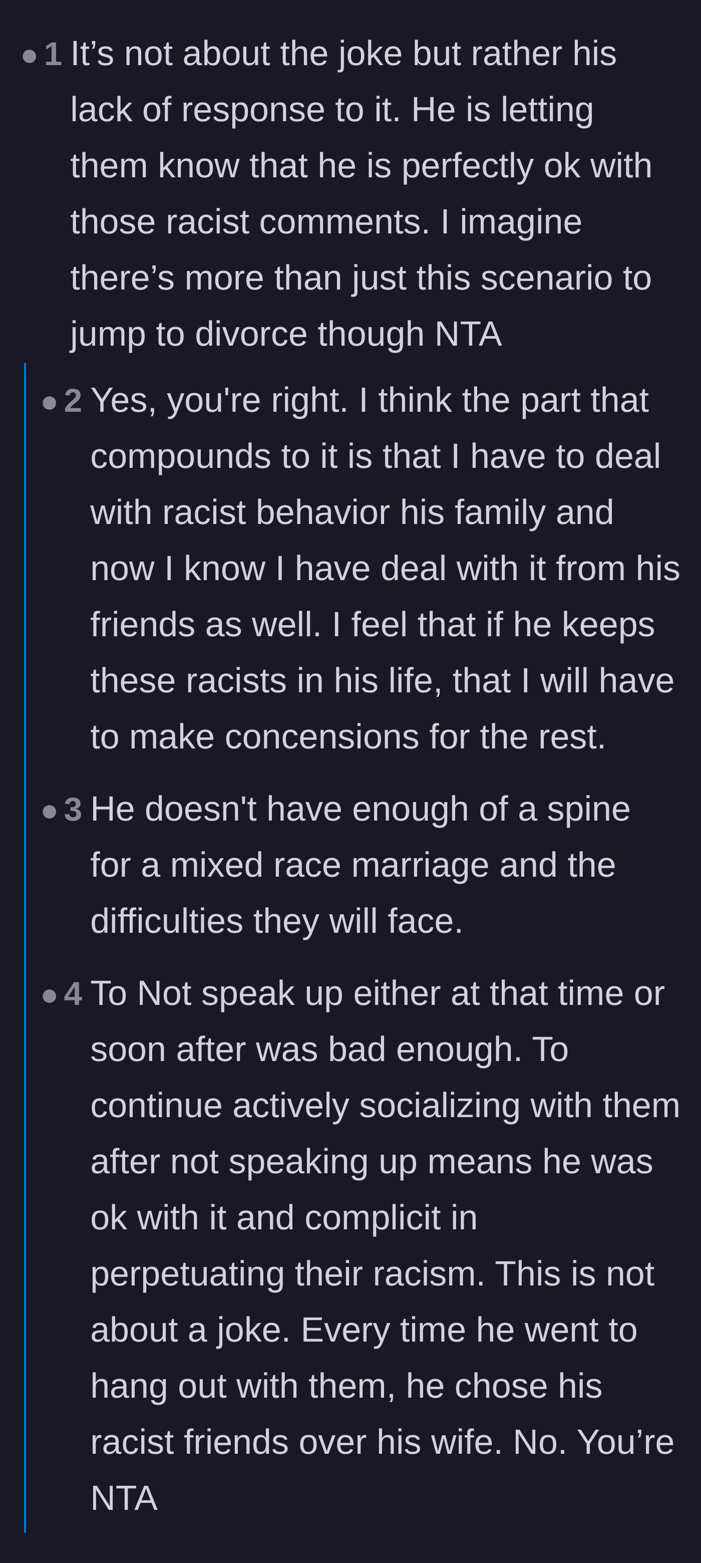 Comment thread 1 - A discussion on how tolerating racists makes someone complicit in racism.