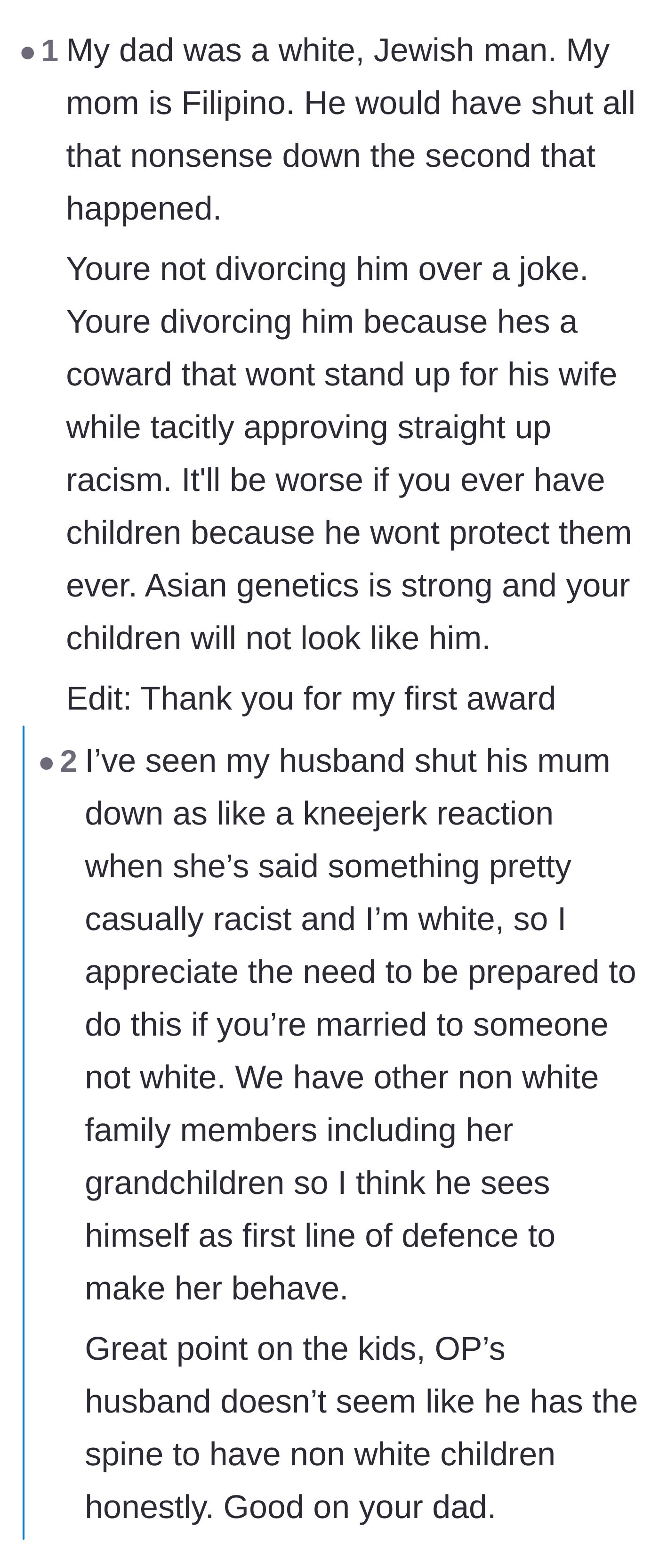 Comment thread 6 - Examples of how a truly supportive partner reacts instantly to defend their spouse.