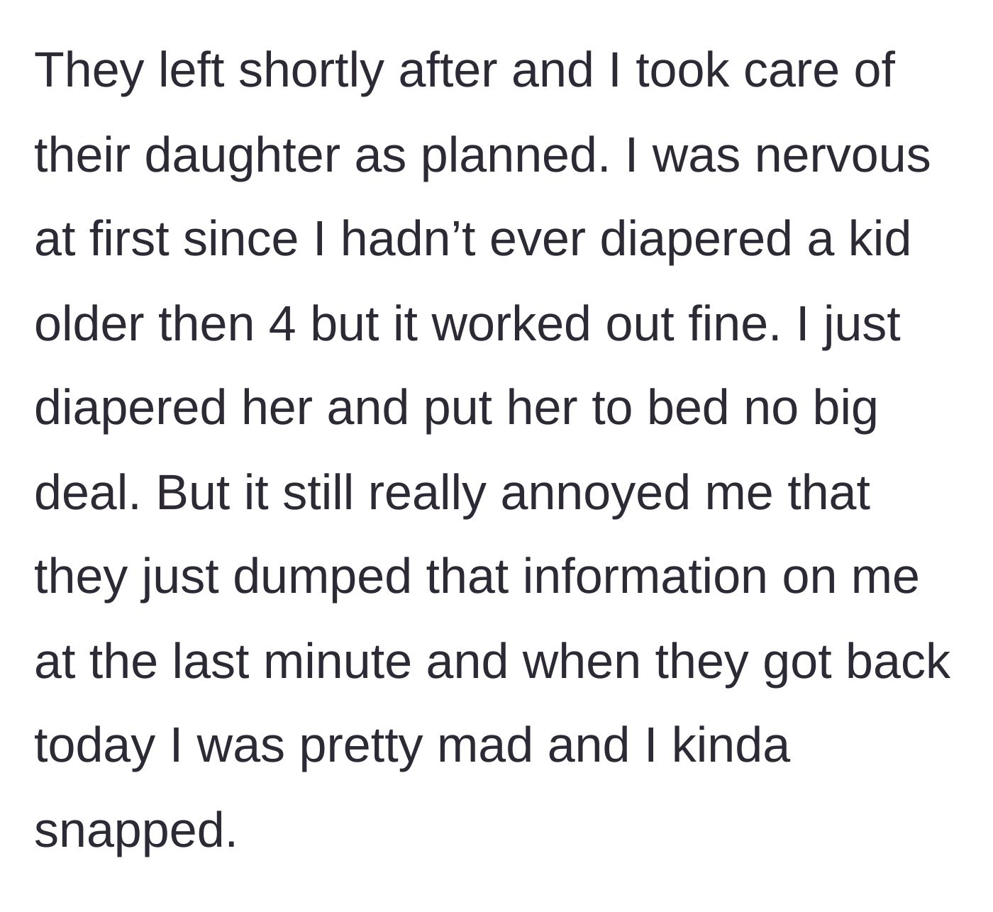 Story part 5 - Babysitter successfully completing the diapering but remaining angry about the last-minute information dump, eventually snapping.