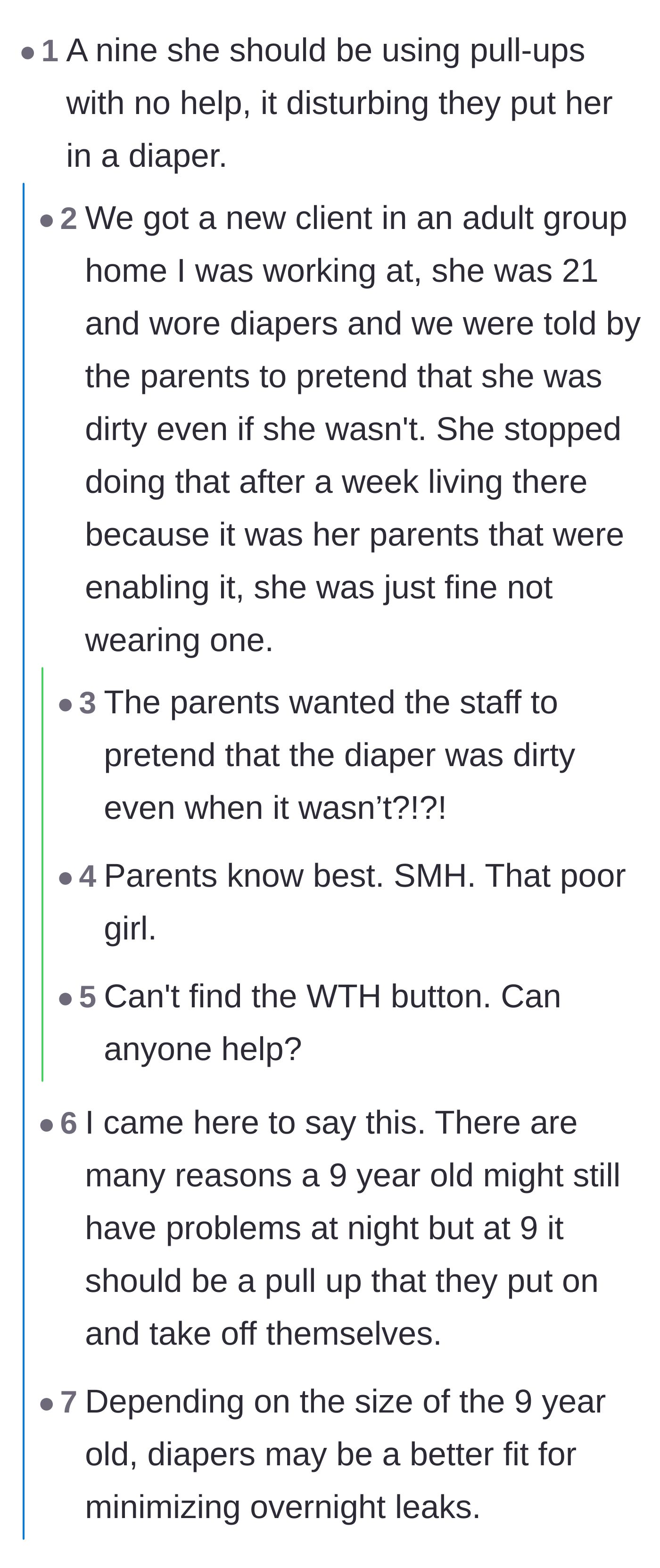 Comment thread 2 - Discussion comparing taped diapers to pull-ups, featuring an anecdote about enabled infantilization