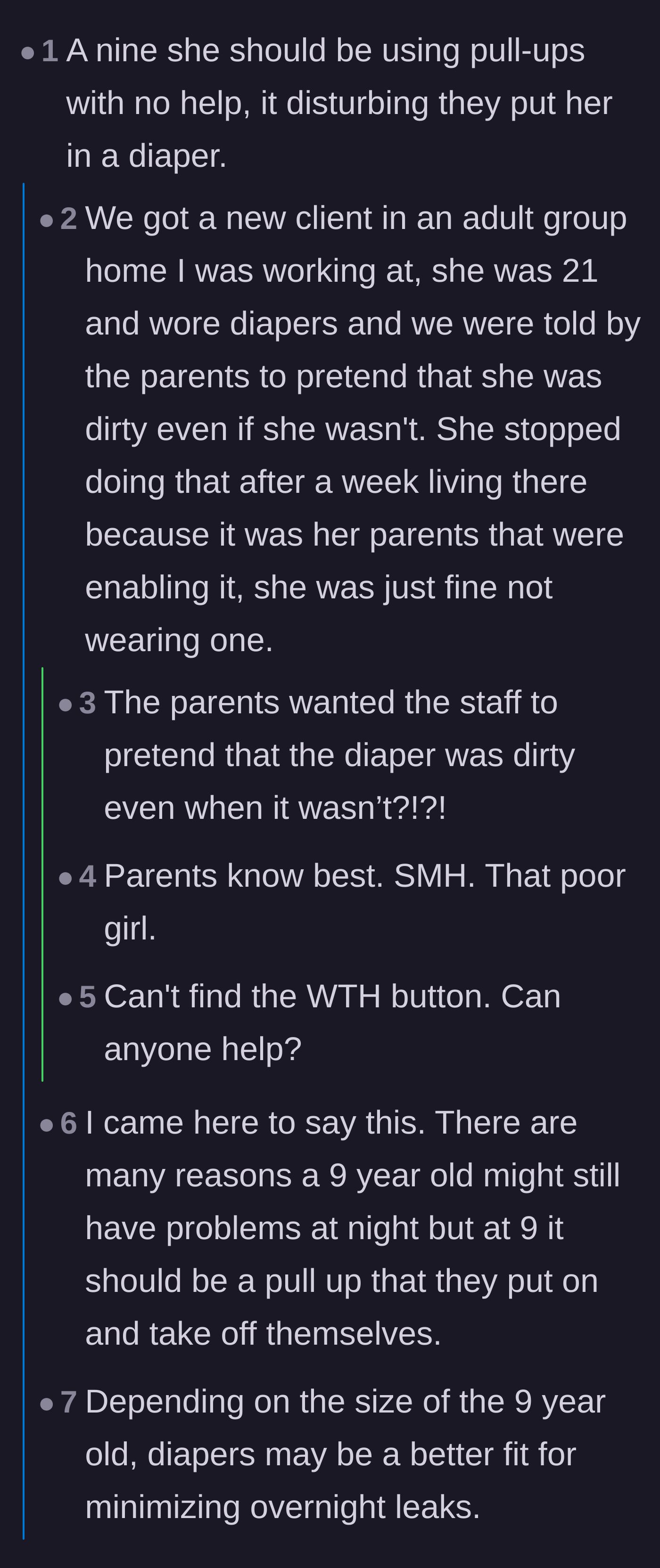 Comment thread 2 - Discussion comparing taped diapers to pull-ups, featuring an anecdote about enabled infantilization