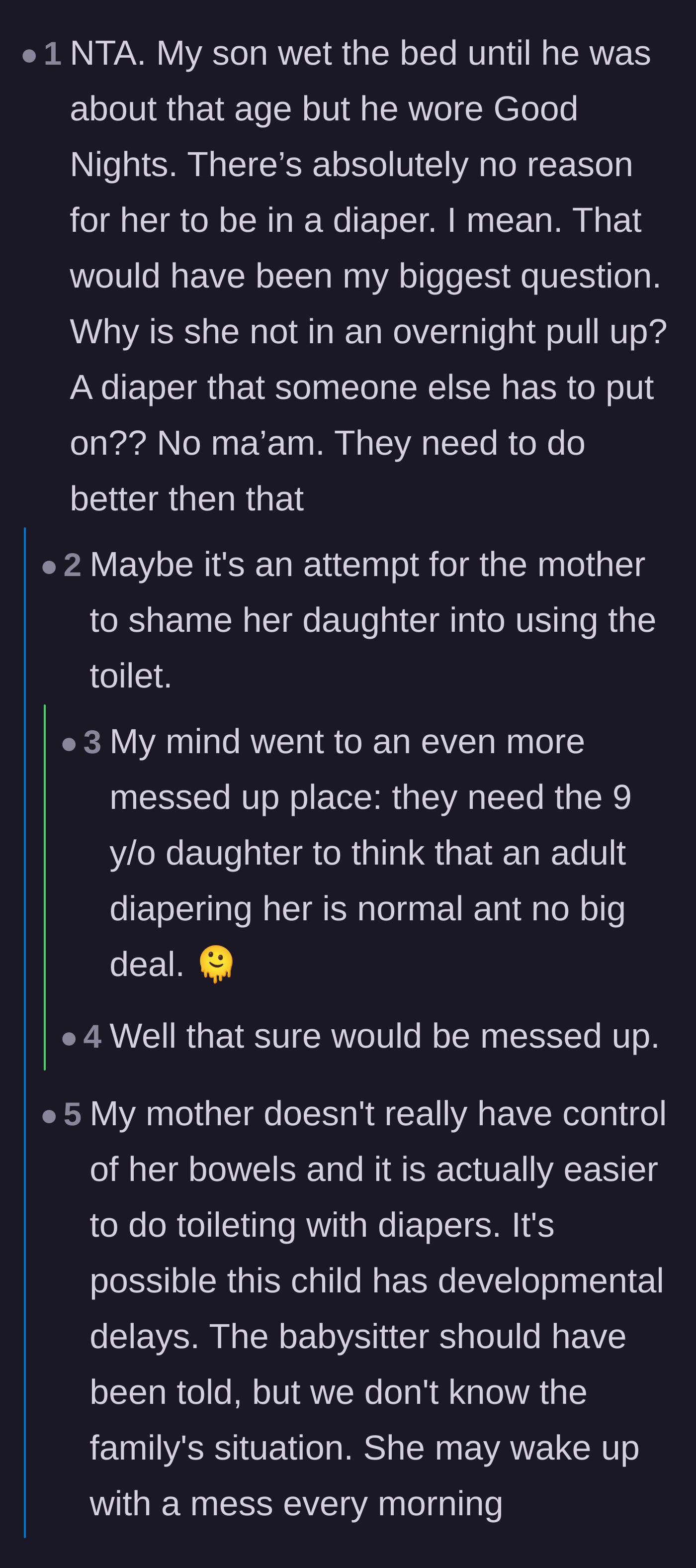 Comment thread 4 - Abuse survivors discussing whether the diapering was a deliberate tactic to shame the child
