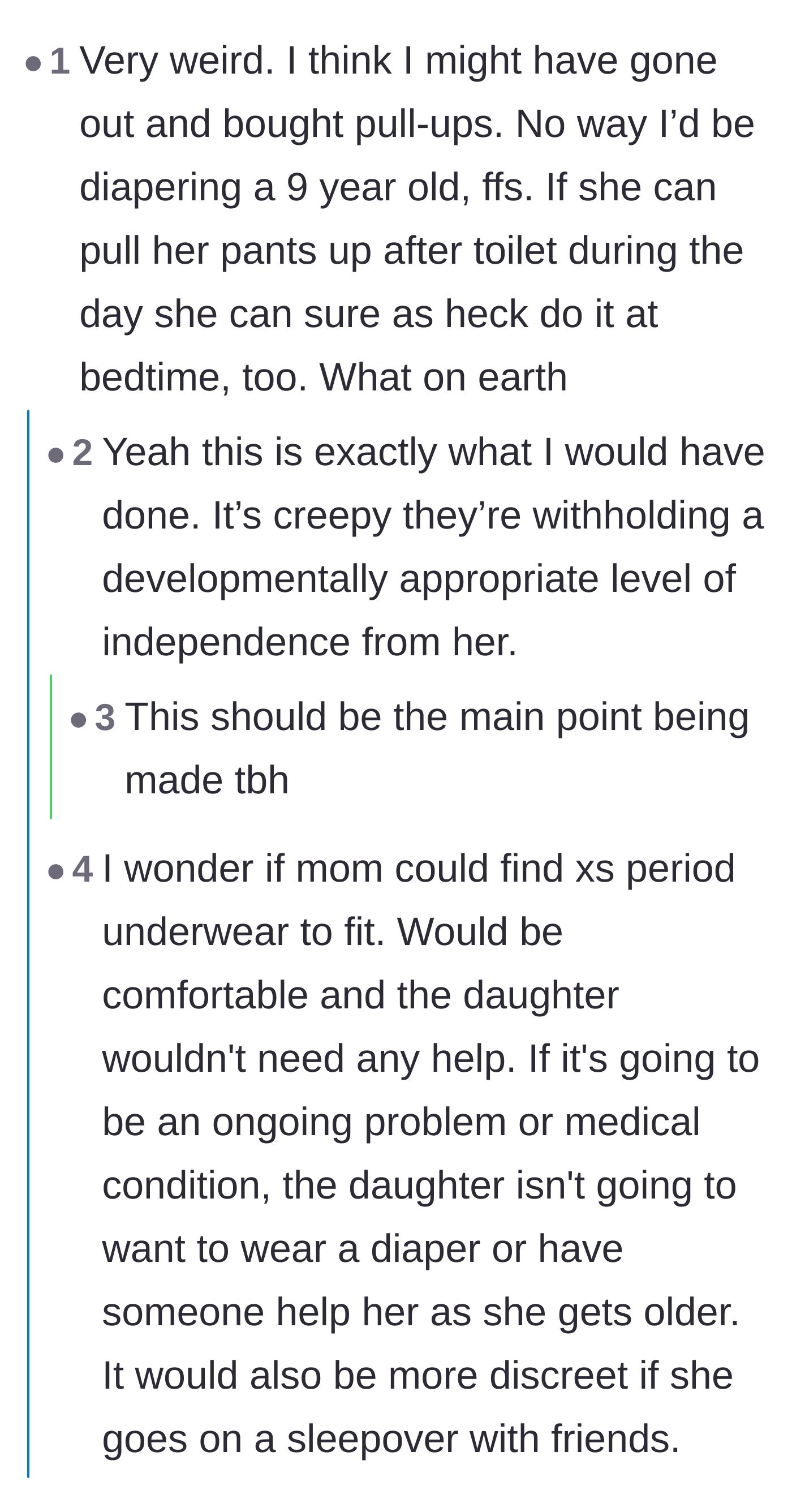 Comment thread 5 - Debate over whether the babysitter should have bypassed the parents and bought pull-ups herself
