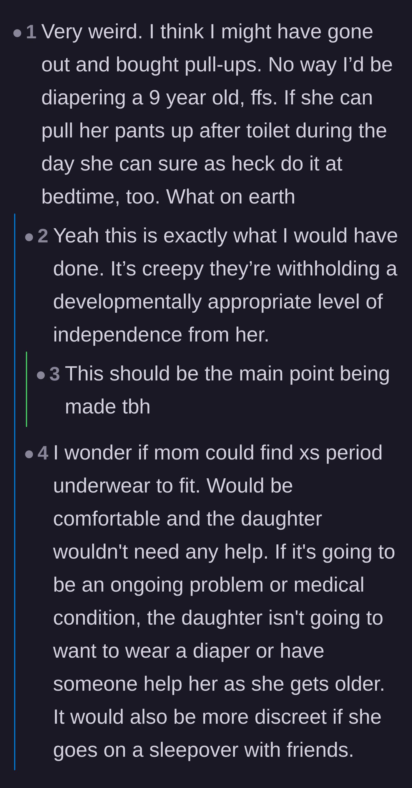 Comment thread 5 - Debate over whether the babysitter should have bypassed the parents and bought pull-ups herself