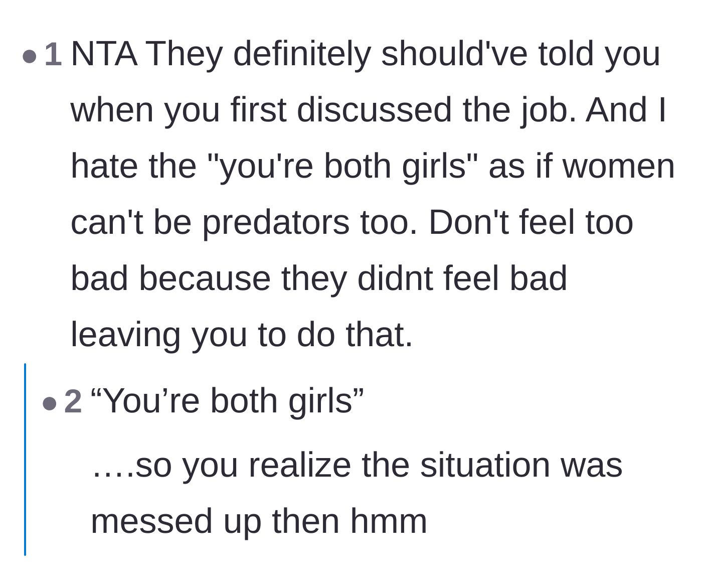 Comment thread 6 - Calling out the mother's use of shared gender as an excuse for the lack of warning