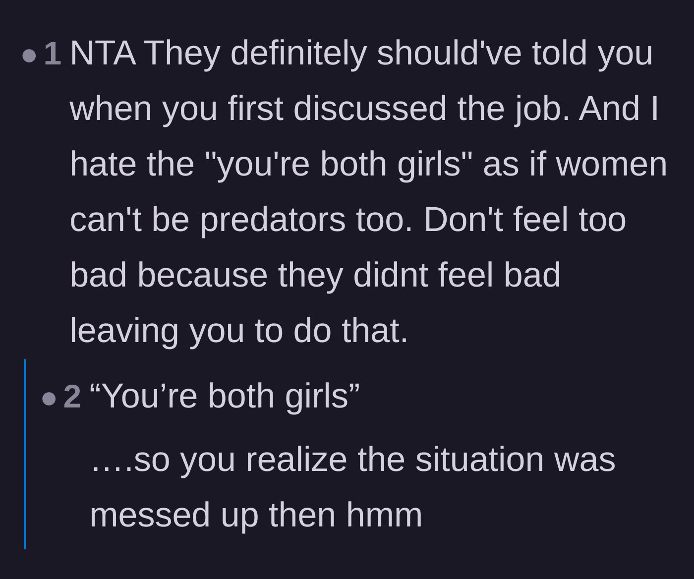 Comment thread 6 - Calling out the mother's use of shared gender as an excuse for the lack of warning