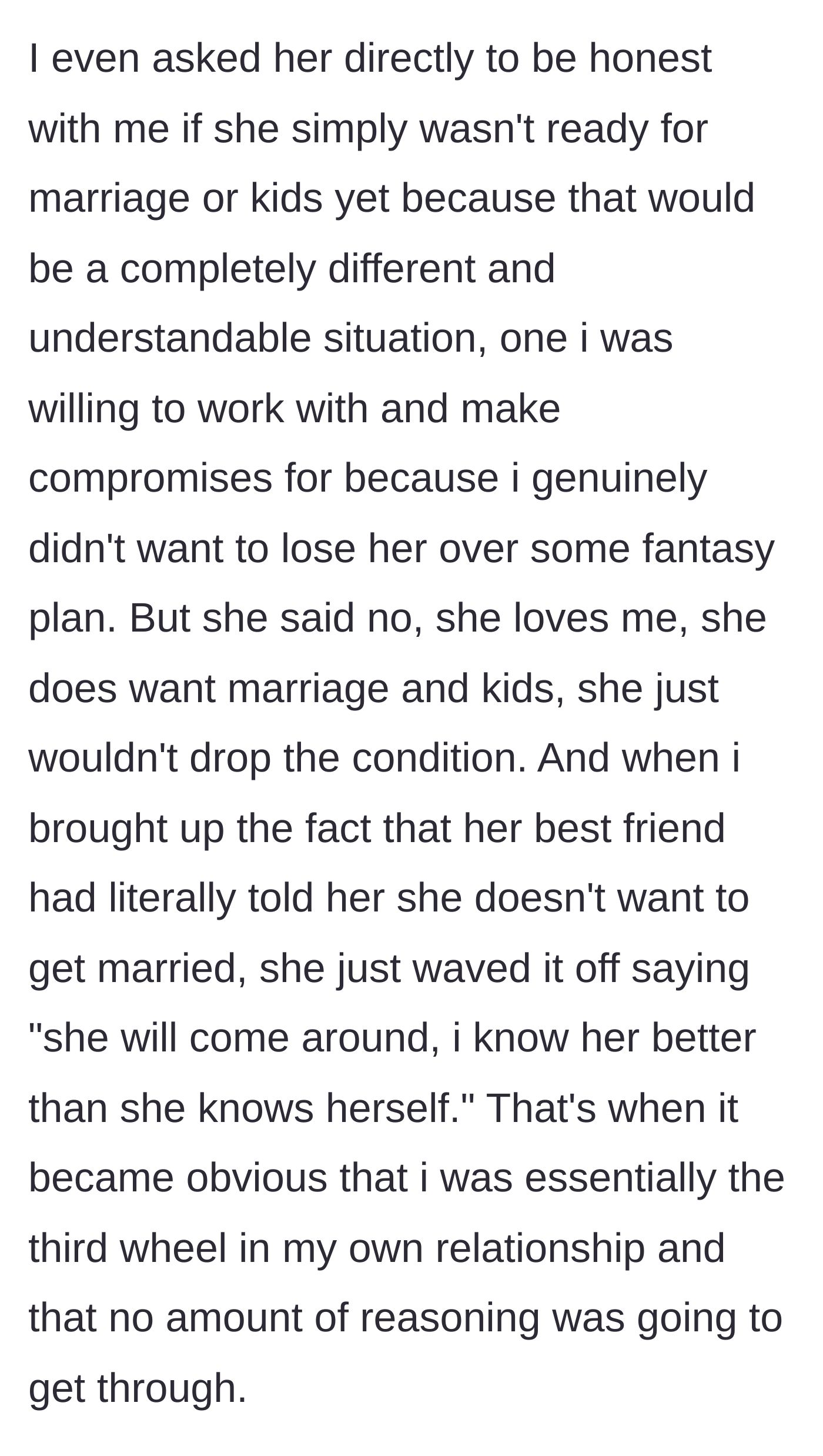 Story part 10 - The boyfriend offers an out, but the girlfriend insists on her fantasy, proving he is the third wheel.