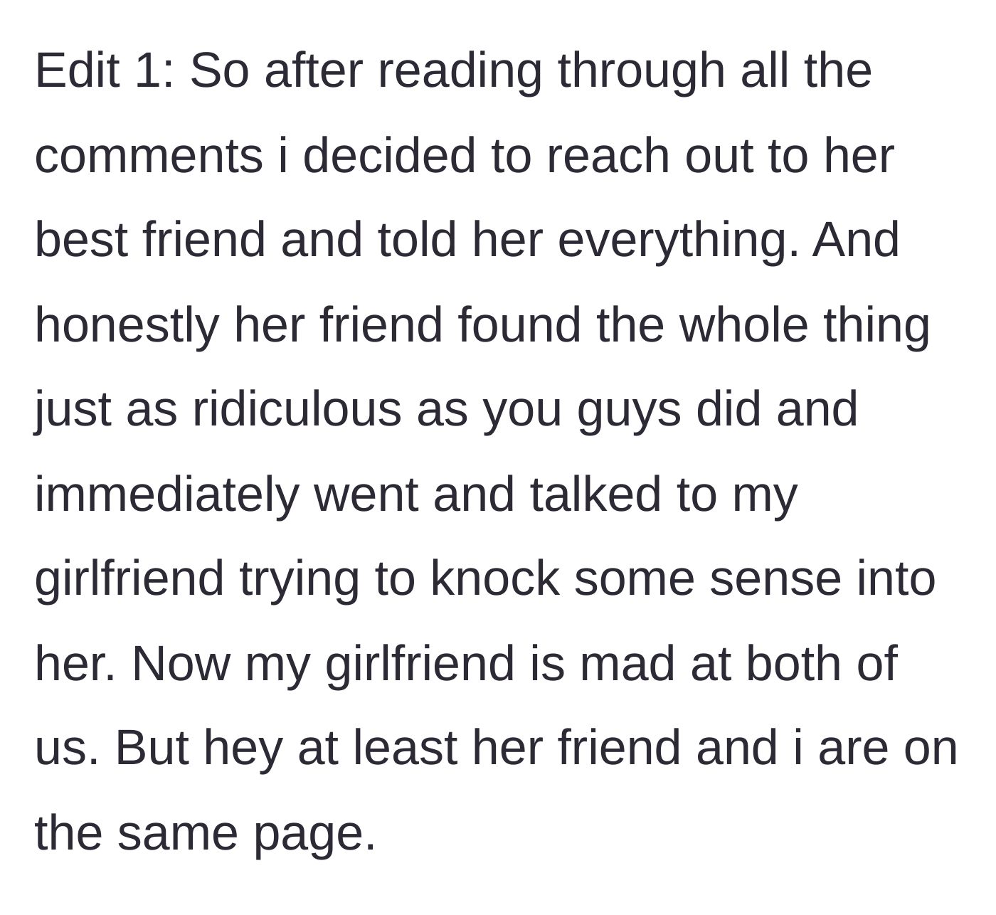 Story part 4 - The boyfriend talks to the best friend, who agrees the plan is absurd and tries to intervene.