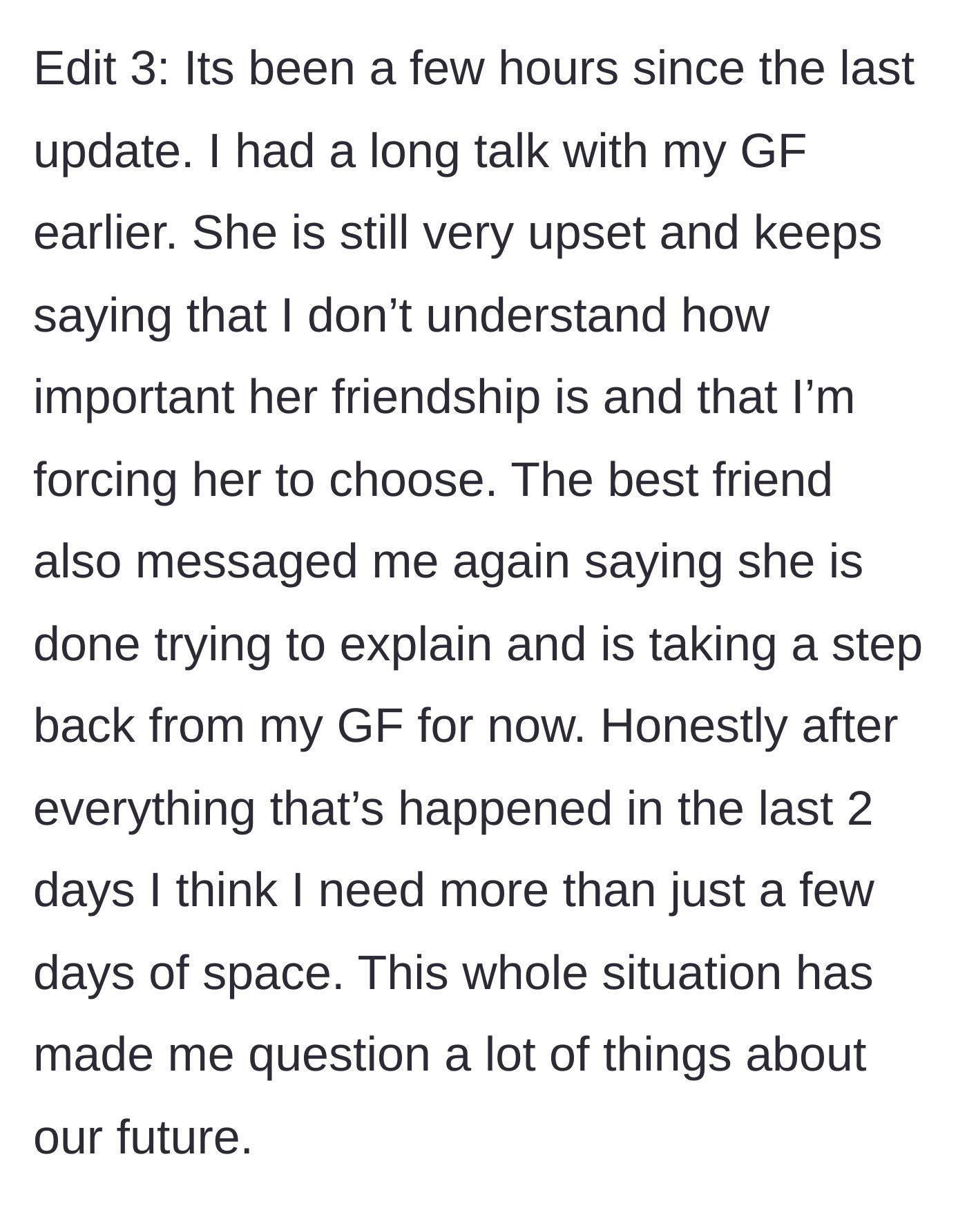 Story part 6 - The best friend steps away entirely, and the boyfriend realizes he needs a major reevaluation of his future.