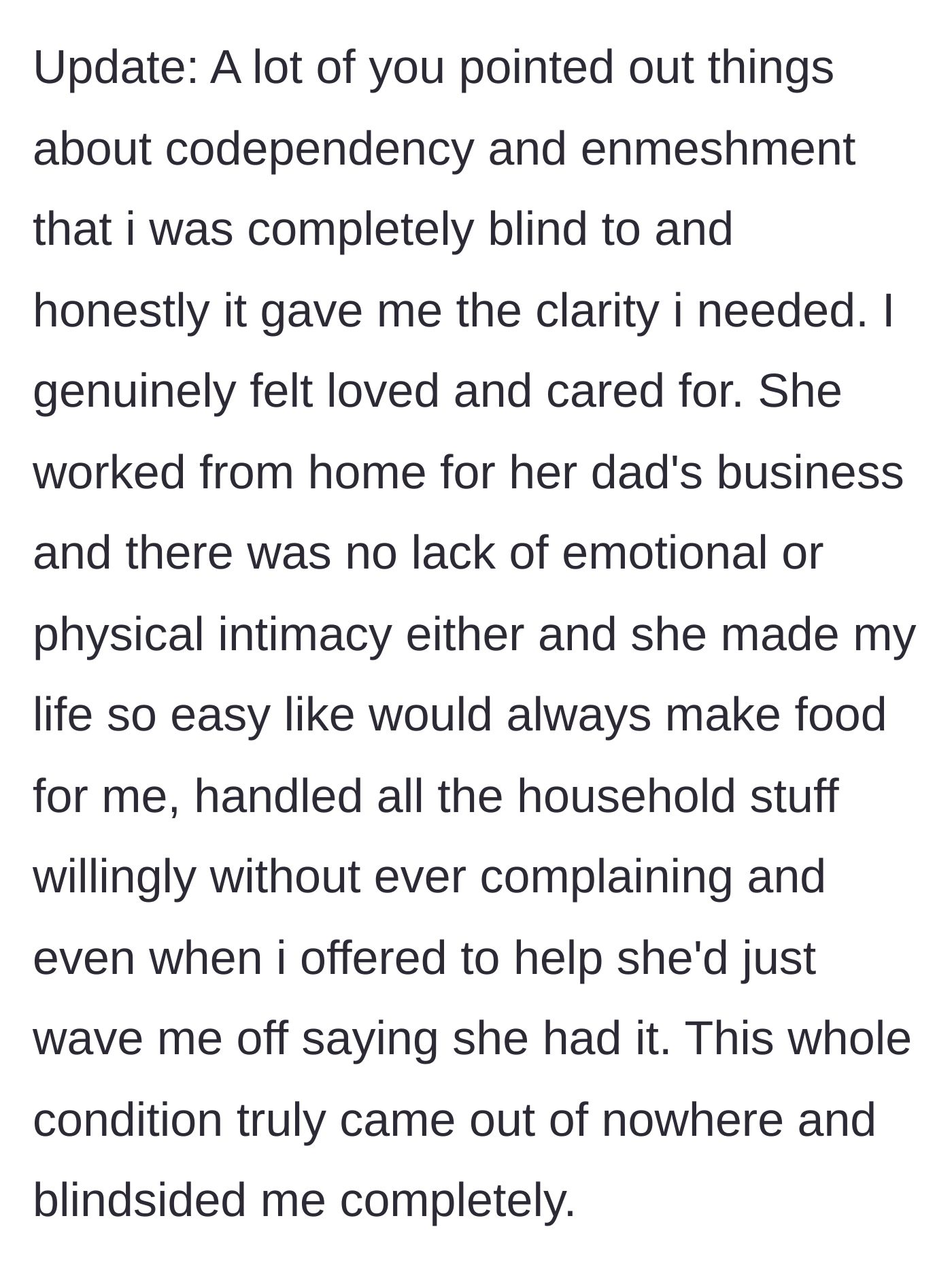 Story part 7 - The boyfriend reflects on how perfect the relationship seemed before this bizarre ultimatum derailed everything.