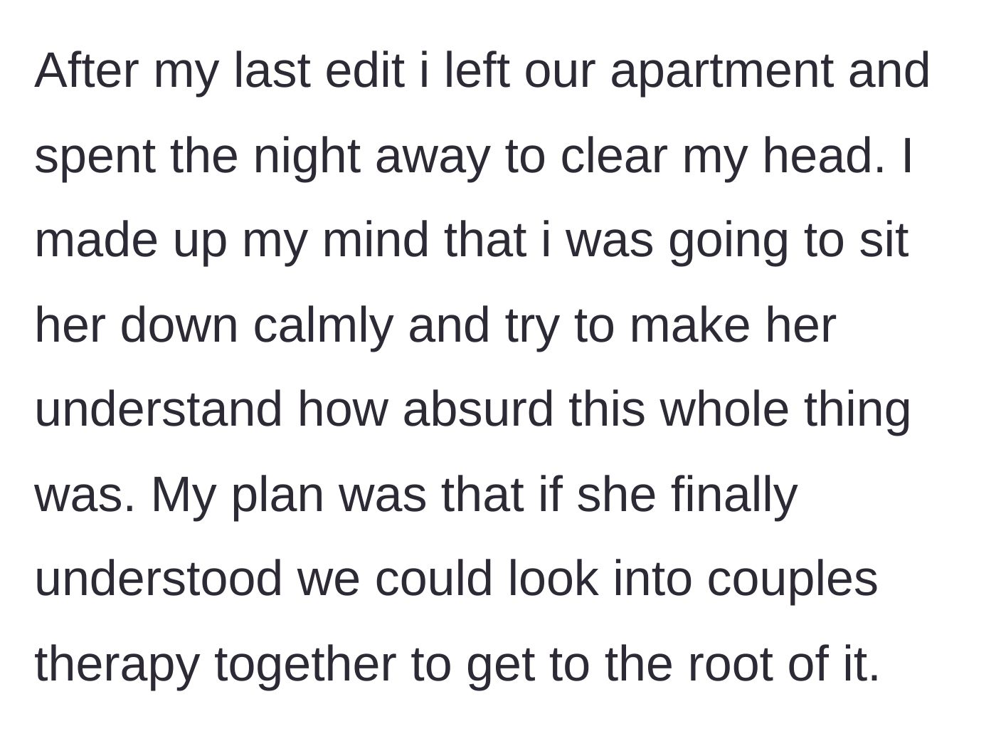 Story part 8 - The boyfriend decides to offer a lifeline of couples therapy to save the relationship.