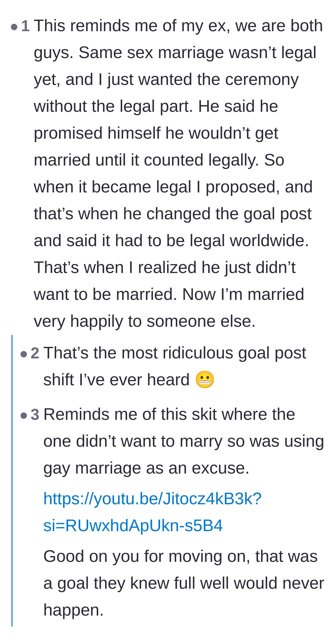 Comment thread 2 - A commenter shares a heartbreaking personal story about a former partner using constantly moving goalposts to avoid getting married.