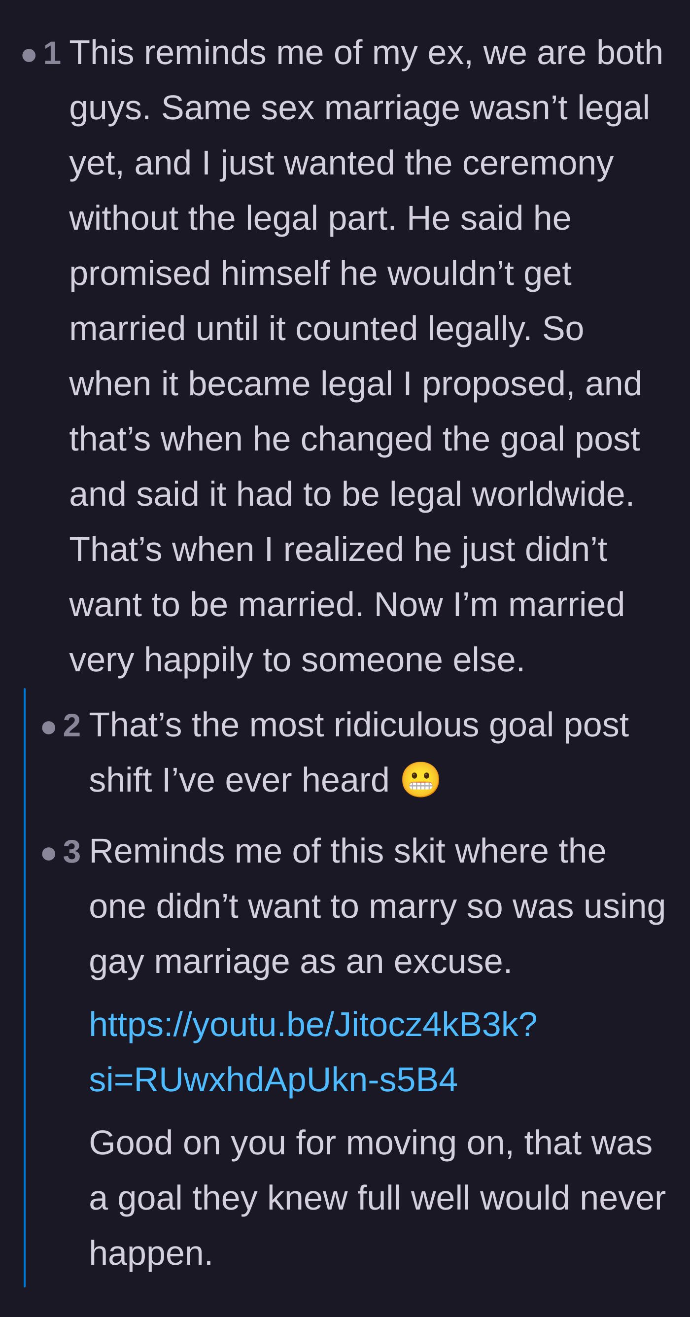 Comment thread 2 - A commenter shares a heartbreaking personal story about a former partner using constantly moving goalposts to avoid getting married.