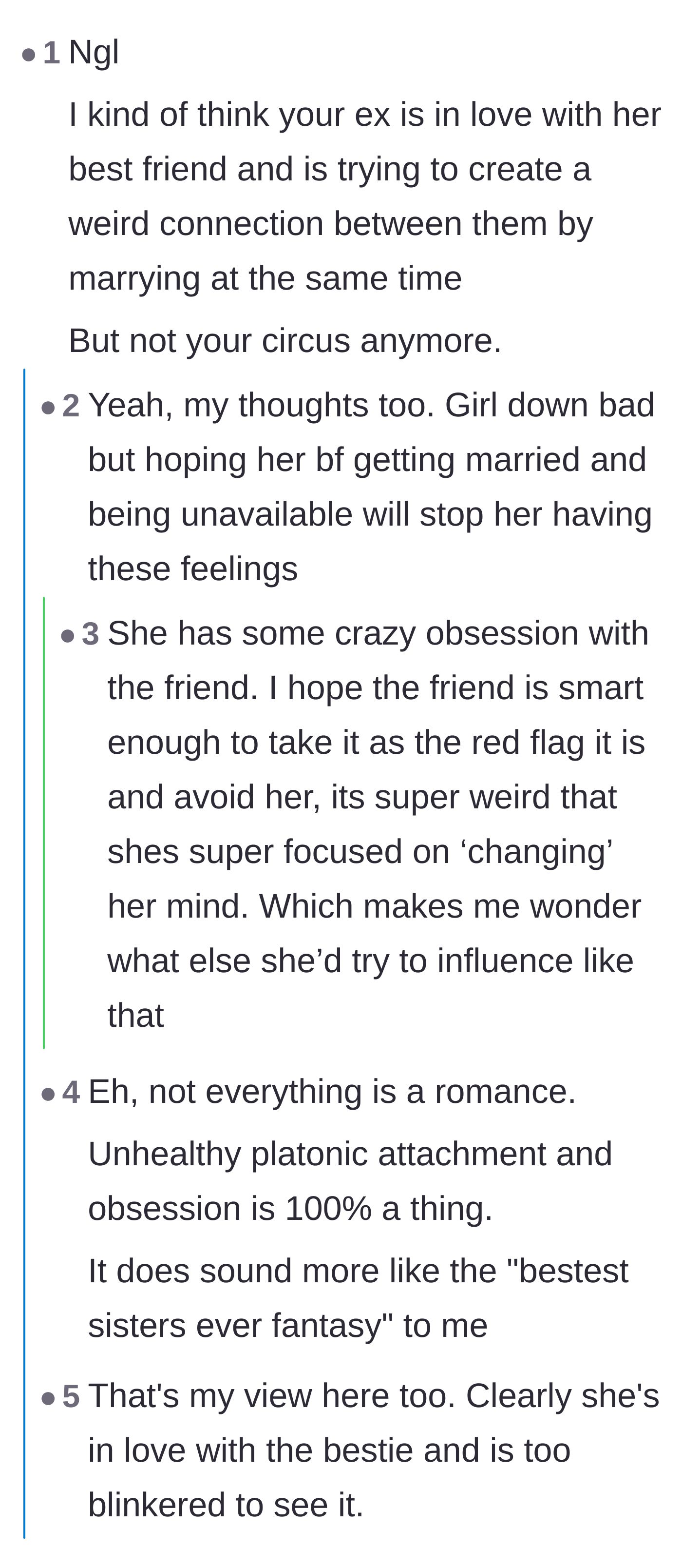 Comment thread 3 - Readers debate whether the ex-girlfriend is secretly in love with her best friend or just suffering from a toxic platonic obsession.